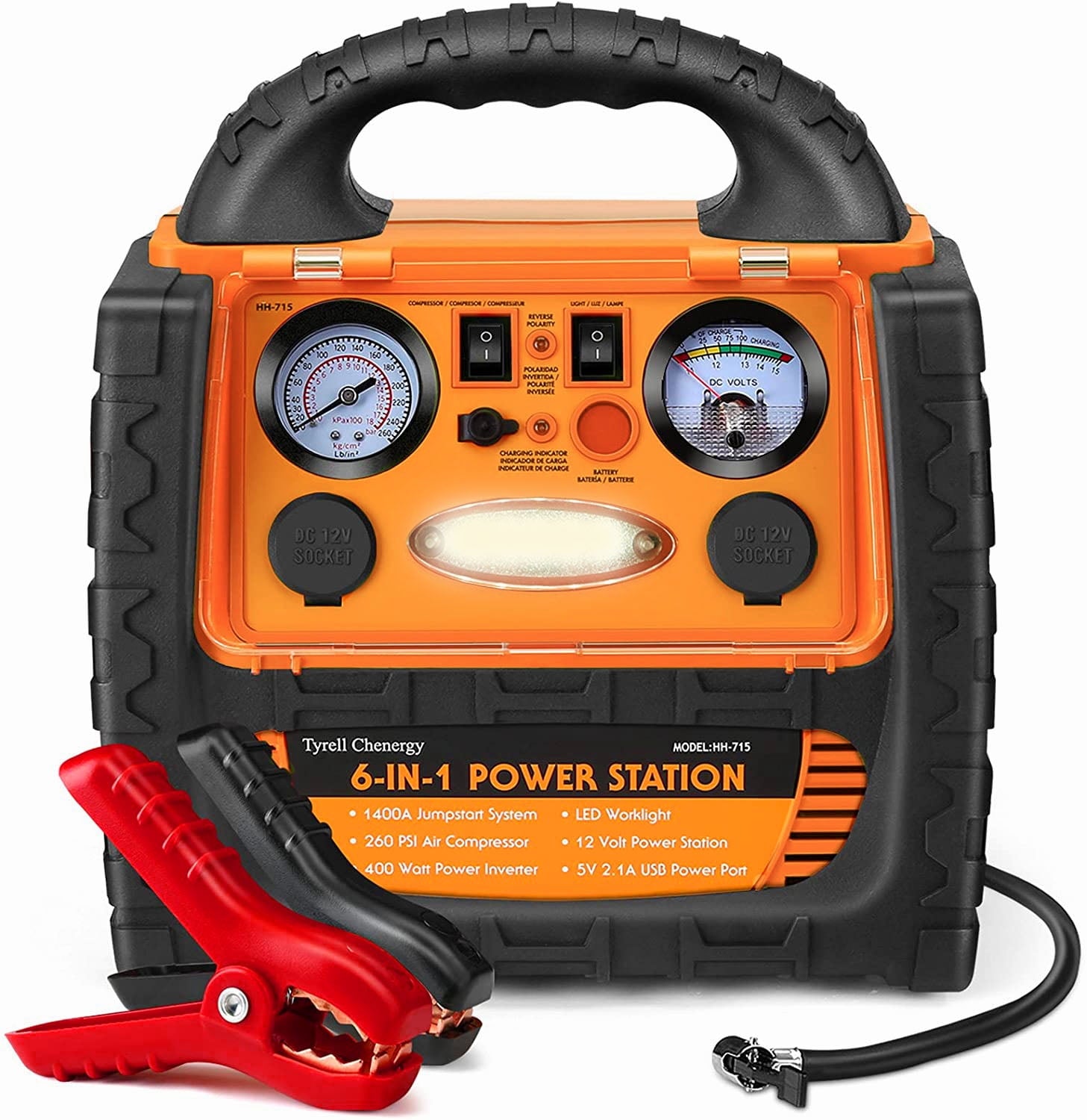 Tyrell Chenergy Power Station 1400 Amp Battery Jump Starter, 110V 400W Power Inverter Battery Booster Pack with AC/DC Outlet & Air Compressor, Portable Power Station Charger