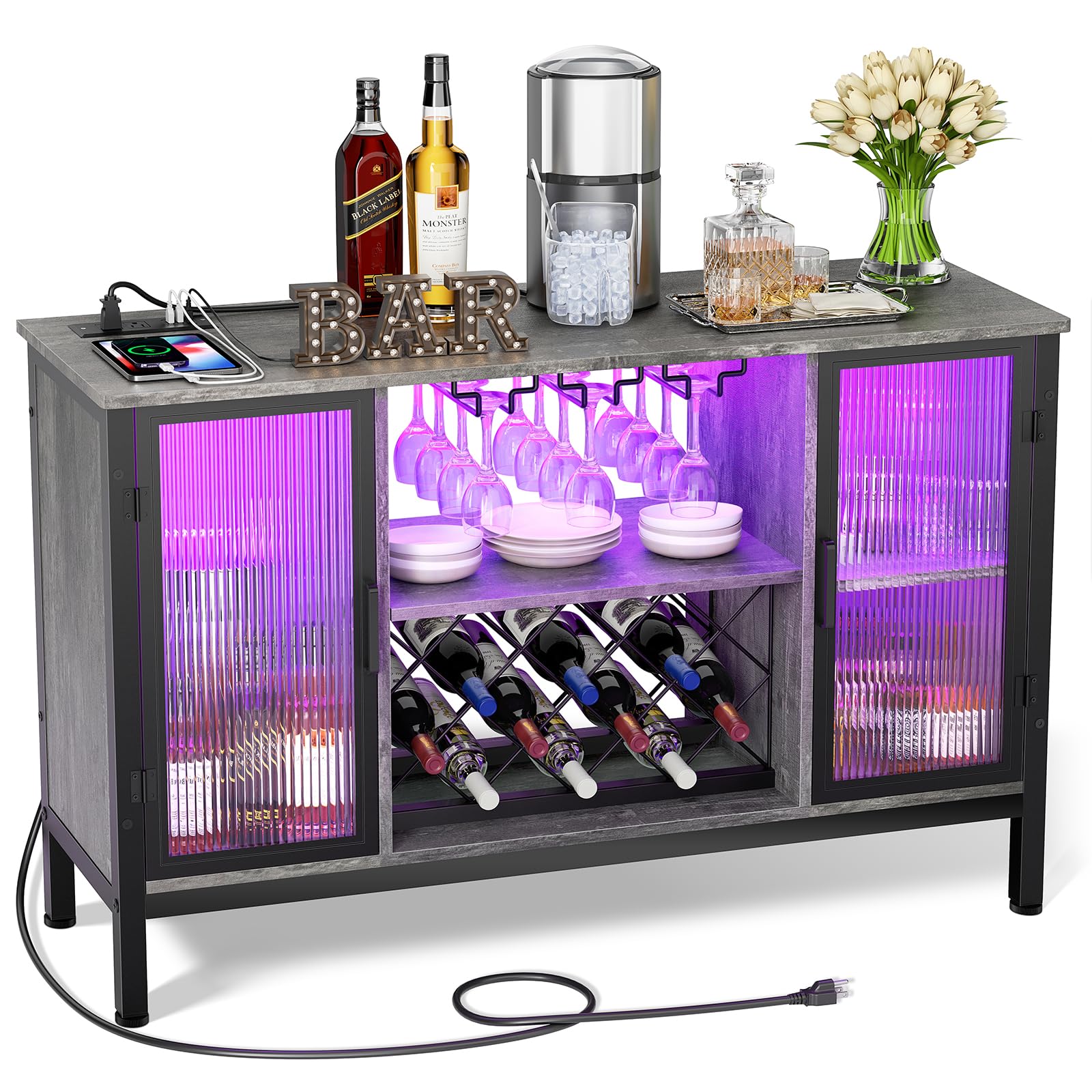 Zarler Sideboard Buffet Cabinet with Power Outlet and Light, LED Wine Cabinet for Liquor and Glasses, 47