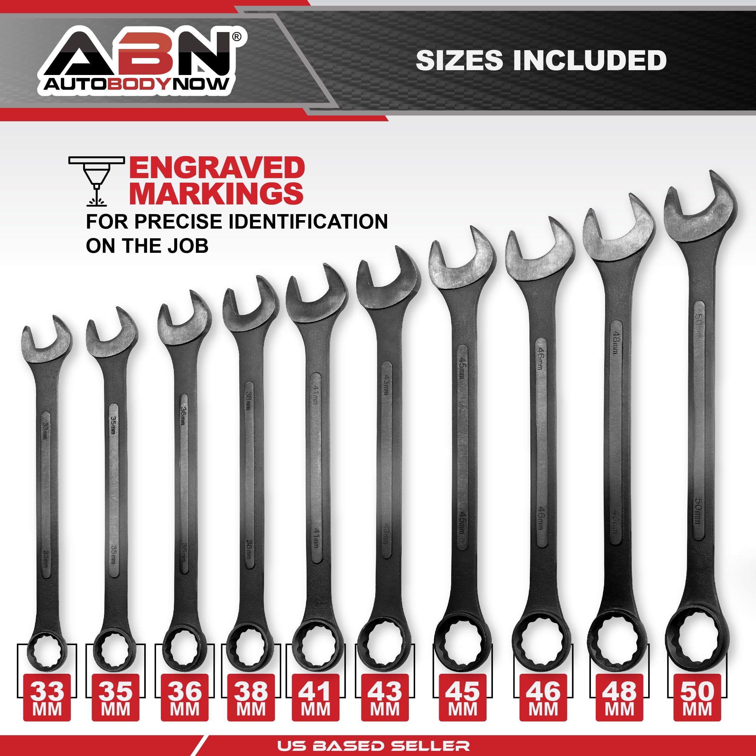 ABN Jumbo Wrench Set Metric 33 to 50mm - 10 Piece Combo Open End Tool Set