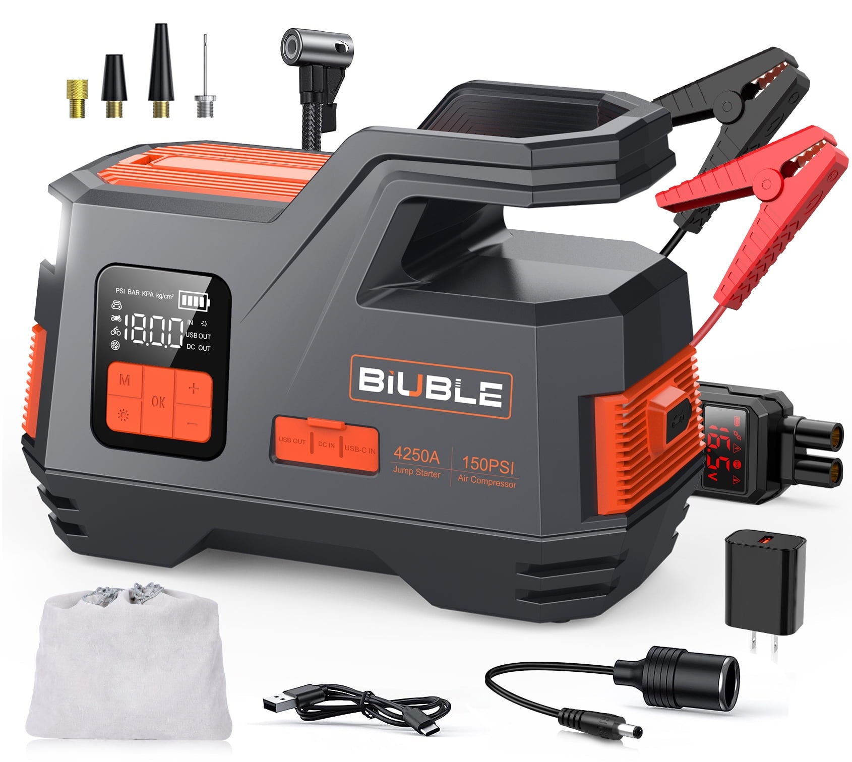 Biuble Car Jump Starter with Air Compressor, 4500A Peak 26800mAh 12V Auto with 150PSI Tire Inflator(up to All Gas or 10.0L Diesel Engine)