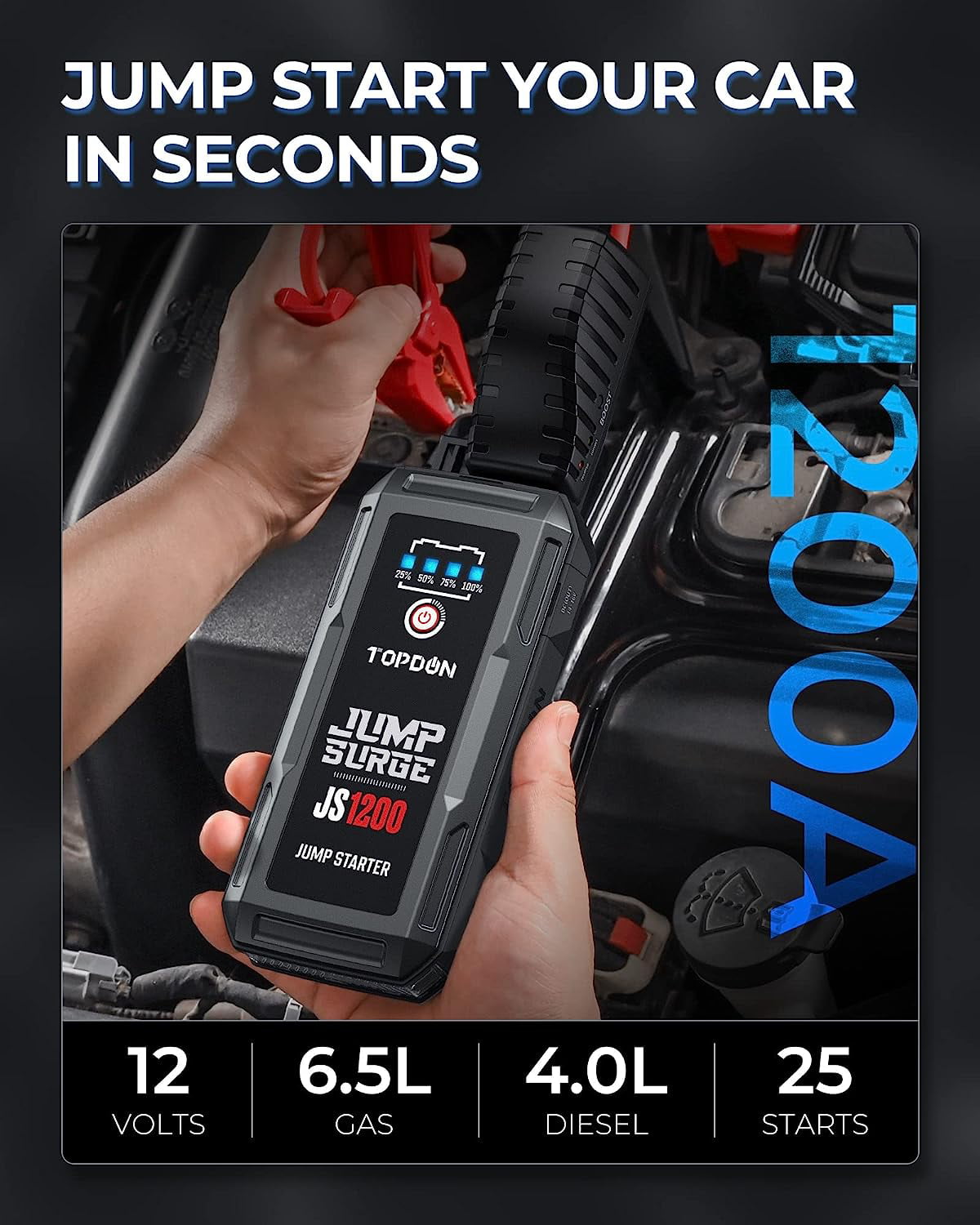 Car Jump Starter 10000mAh 1200A 12V Topdon JS1200 Portable Car Battery Charger