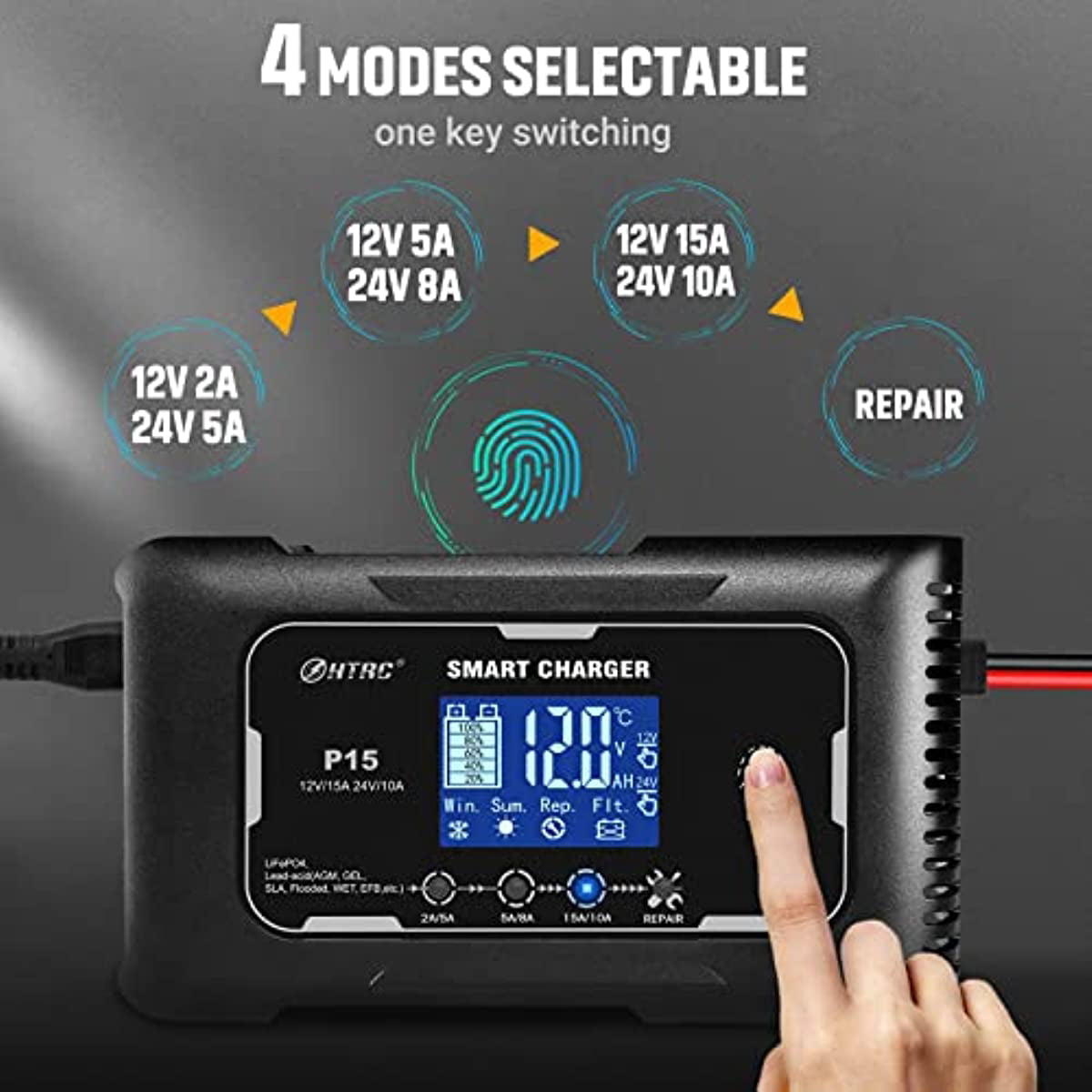 HTRC charger 15-Amp Fully-Automatic Smart Charger,12V and 24V Battery Charger,12V/15A 24V/10A Lead-Acid(AGM/Gel/SLA)/Lithium lron LiFePO4 Trickle Charger,Pulse Repair Car Battery Charger,Deep cycle