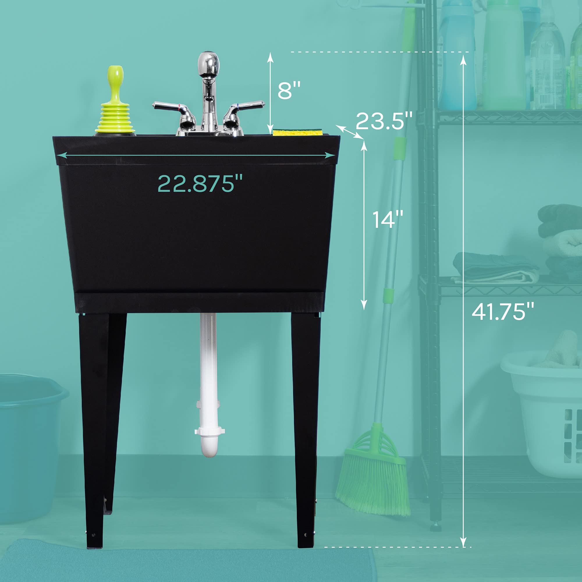 Black Utility Sink Laundry Tub With Pull Out Chrome Faucet, Sprayer Spout, Heavy Duty Slop Sinks For Washing Room, Basement, Garage or Shop, Large Free Standing Wash Station Tubs and Drainage (Black)