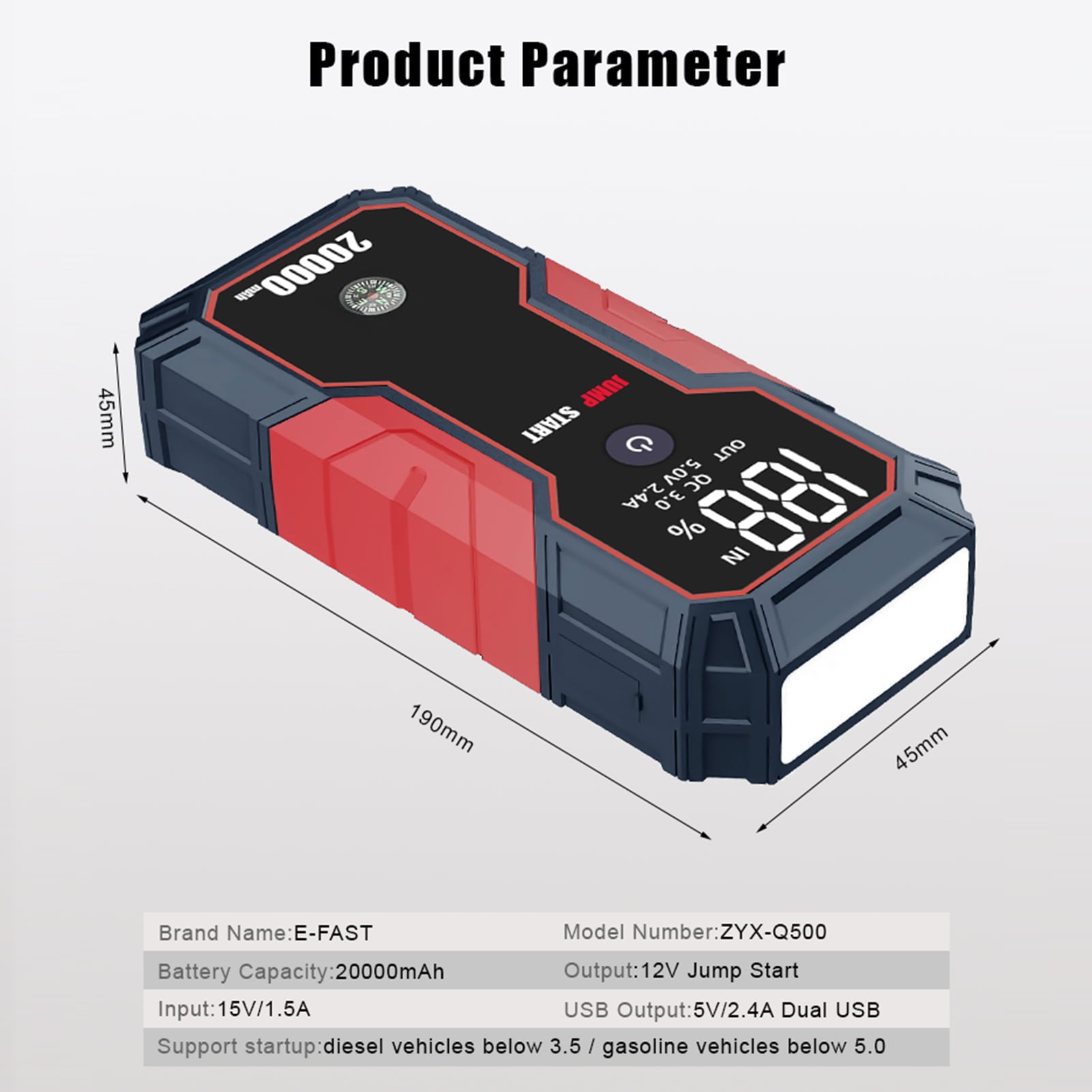 Shinysix Portable Car Jump Starter 20000mAh 12V Car Battery Starter( to 5.0L Gas, 3.5L Diesel Engines),USB Quick Charge, Fast Wireless and Flashlight