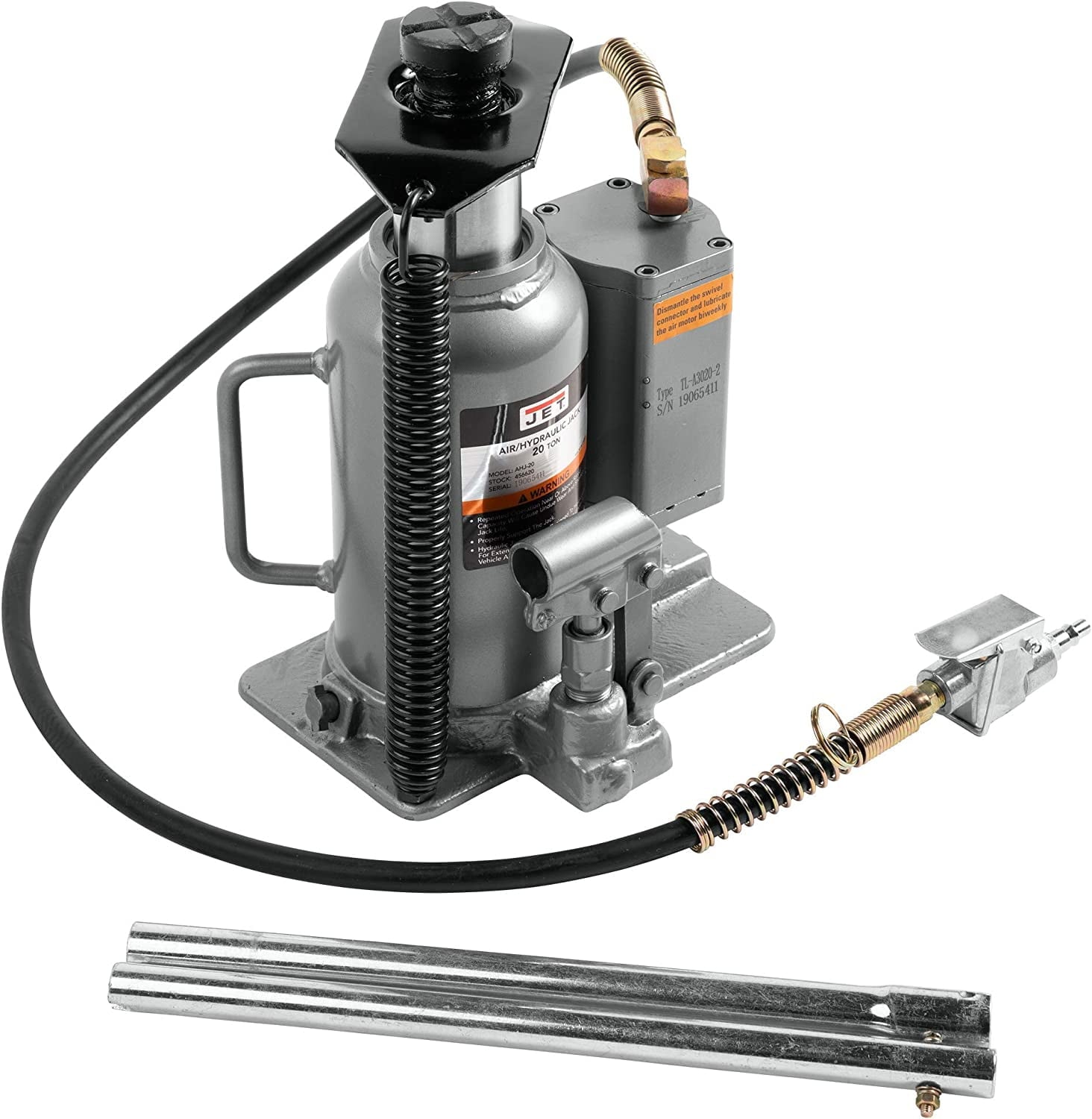 Jet 456620 AHJ-20 Heavy Duty Steel 20 Ton Air and Hydraulic Bottle Jack, Black