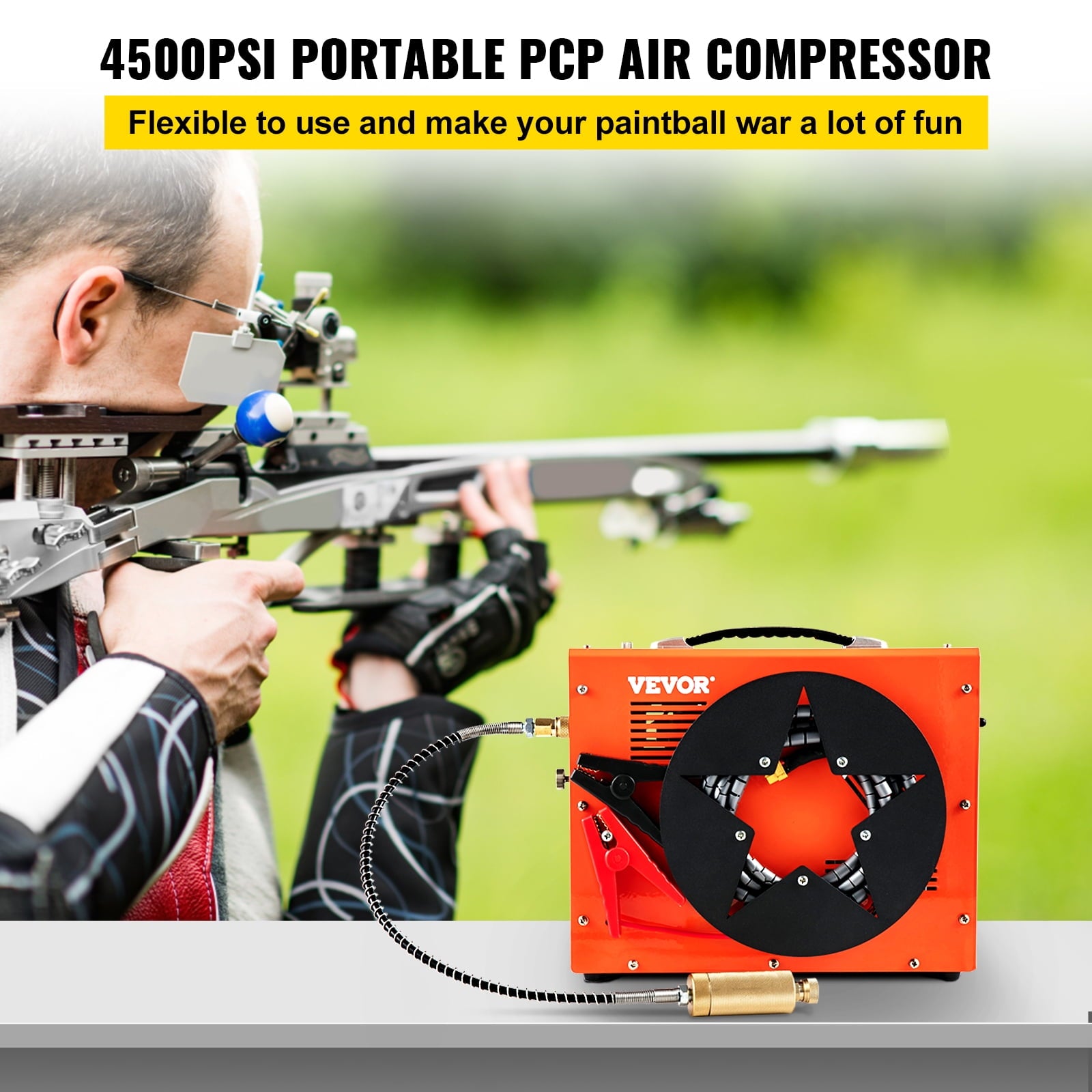 VEVORbrand PCP Air Compressor,4500PSI Portable PCP Compressor,12V DC 110V/220V AC PCP Airgun Compressor Auto-stop,with Built-in Adapter,Fan Cooling,Wire Spool Suitable for Paintball,Scuba,Air Rifle