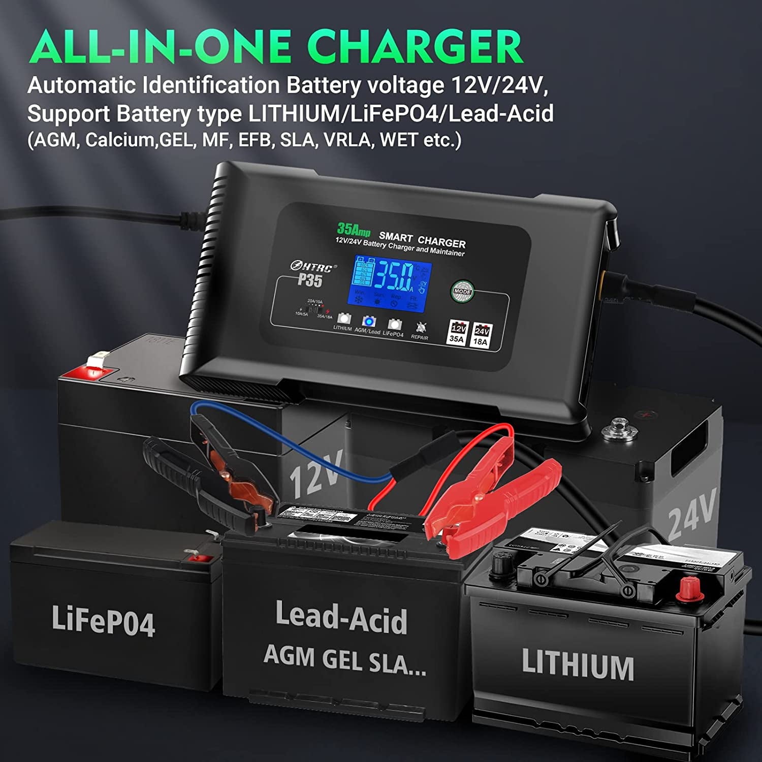HTRC 35-Amp Smart Charger, Car Battery Charger,Trickle Charger, 12V35A/24V18A,14.6V/29.2V ,Lithium,LiFePO4,Lead-Acid AGM/Gel/SLA..Battery Charger
