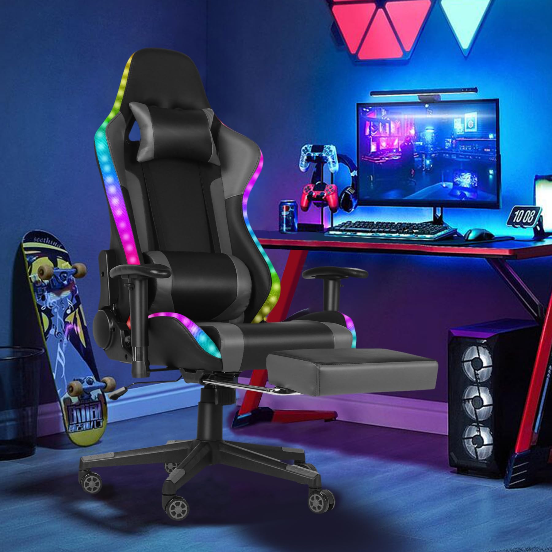 Gaming Chair with Speakers, Video Game Chair with RGB LED Lights, Footrest, Ergonomic Racing Computer Gaming Recliner Chair Swivel E-Sports Chair with Lumbar Support Headrest Armrest, Black
