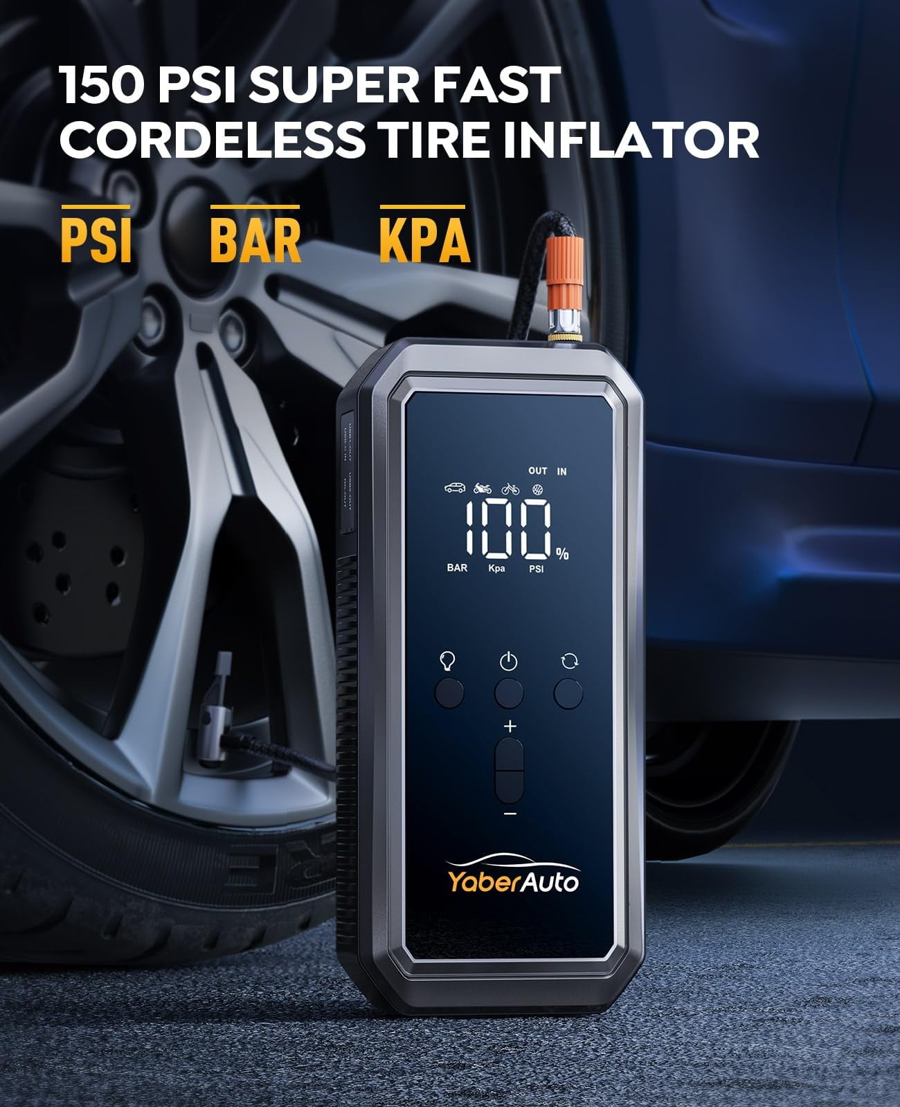 Car Jump Starter with Air Compressor 3000A 150PSI (9.0L Gas/8.0L Diesel)Portable Car Battery Jump Starter with Tire Inflator 12V DC PSU Jump Box Extended Jumper Cables Large LCD Display 300Lumen Light