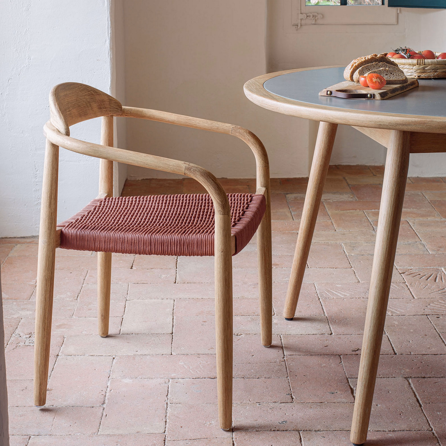 Nina Stackable Chair Solid Acacia Wood and Terracotta Rope Seat