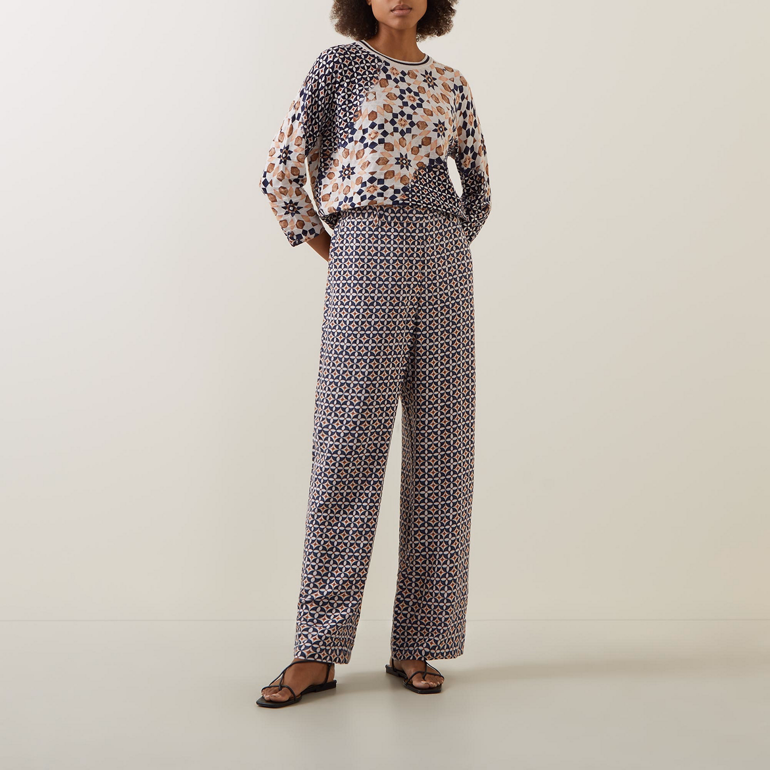 Tile Print Straight Leg Trousers