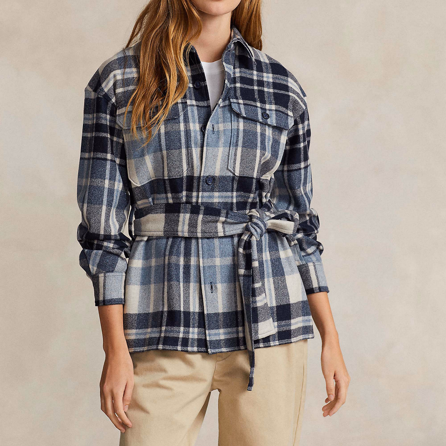 Plaid Belted Twill Shirt
