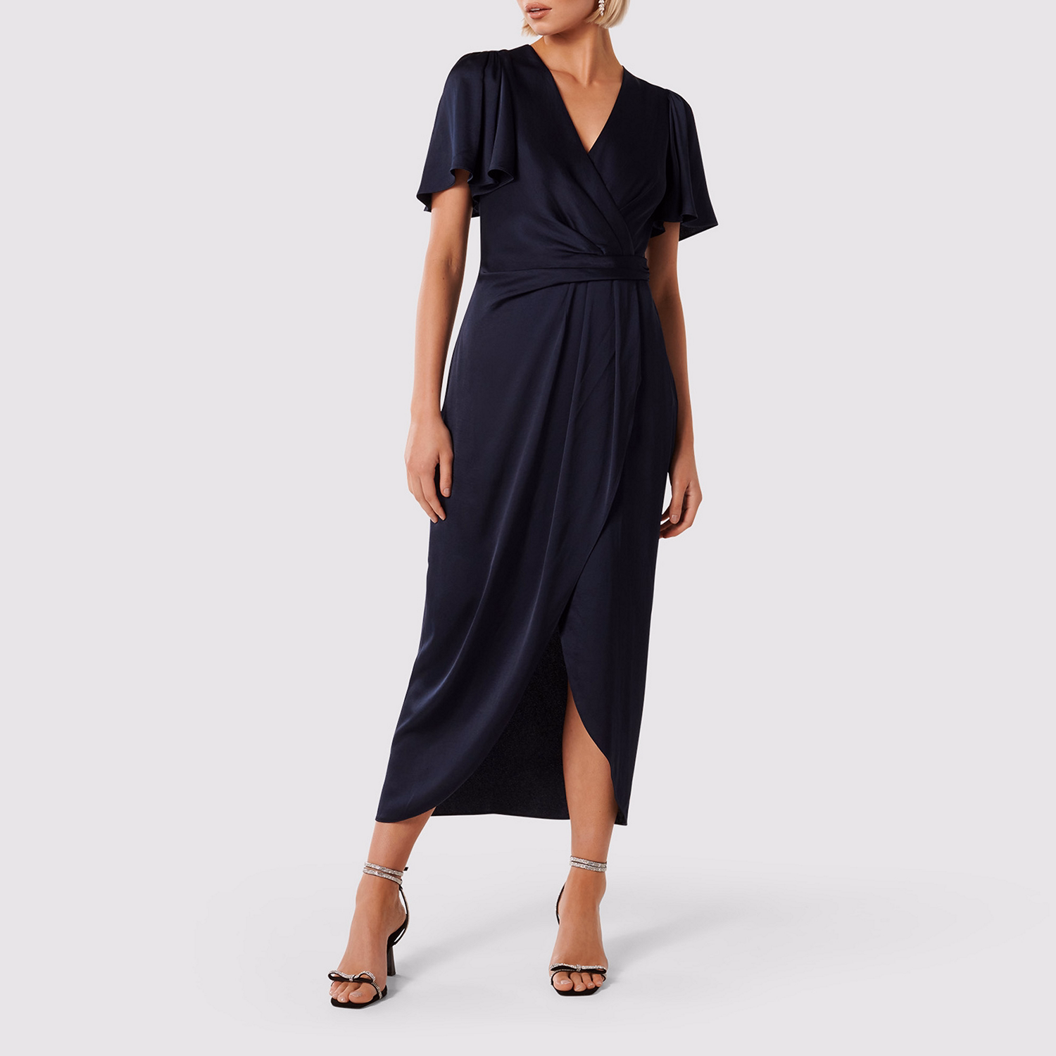Estelle Satin Flutter Sleeve Midi Dress