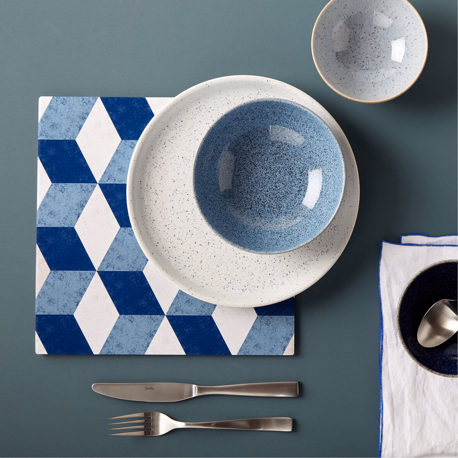 Set of Six Blue Geometric Square Placemats