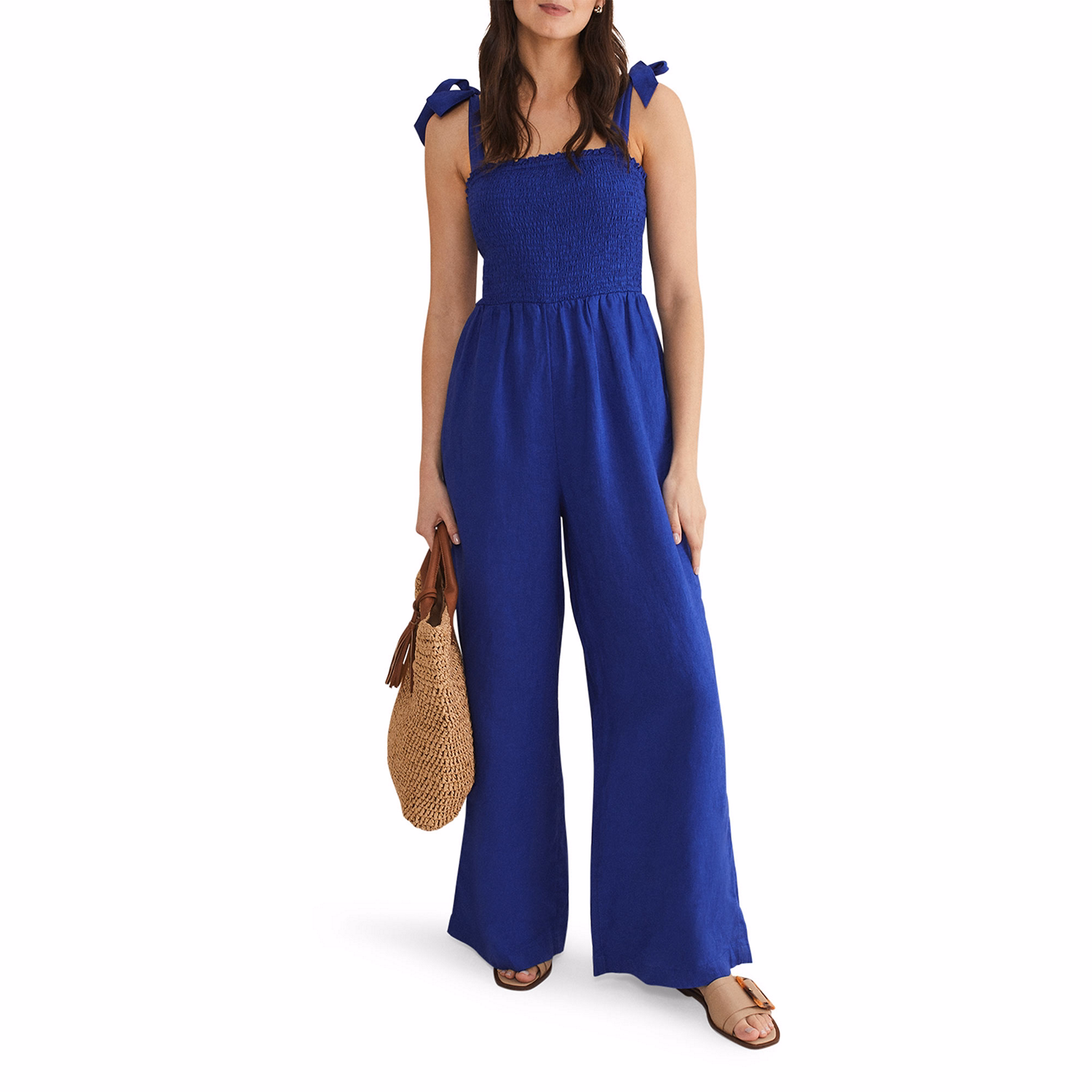 Ona Linen Shirred Wide Leg Jumpsuit