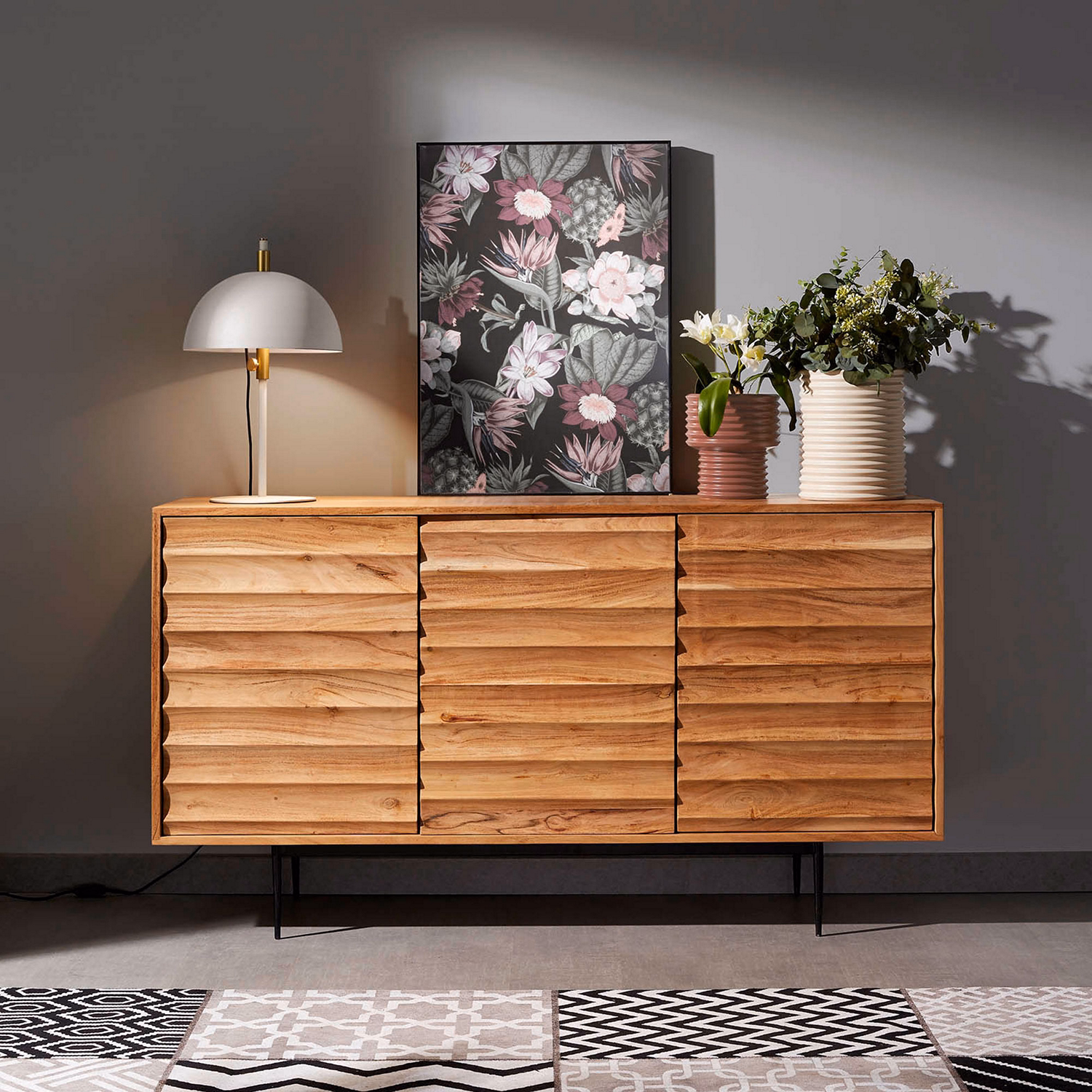 Delsie 3 Door Sideboard 147 x 81cm Solid Acacia Wood with Black Finish Steel