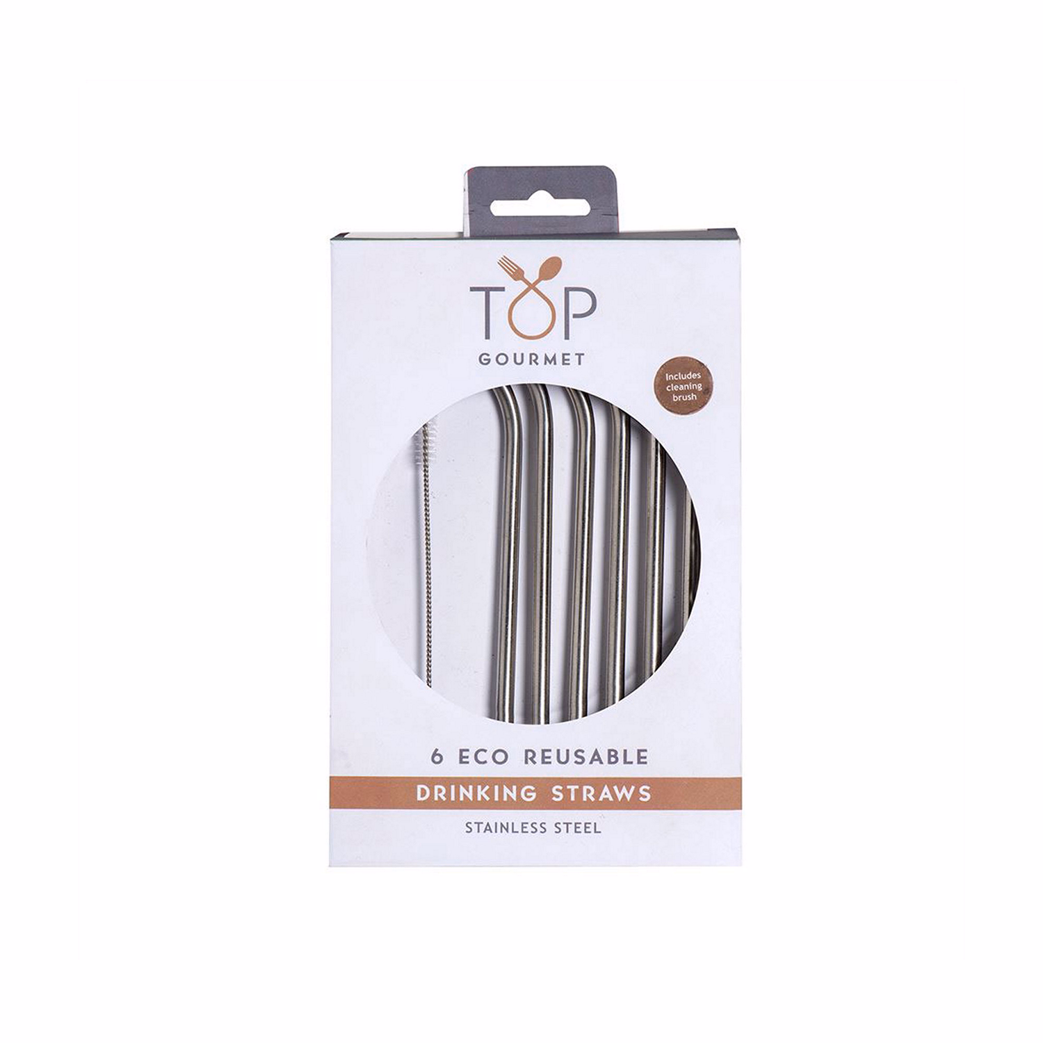 Top Gourmet Re-usable Stainless Steel Straws & Cleaning Brushes, 6pc Set