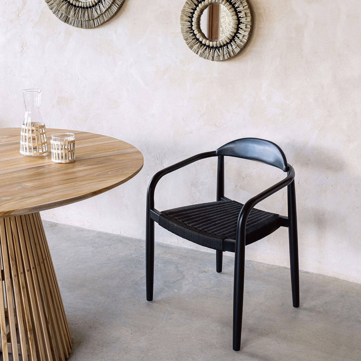 Nina Stackable Chair Solid Acacia Wood with Black Finish and Black Rope Seat