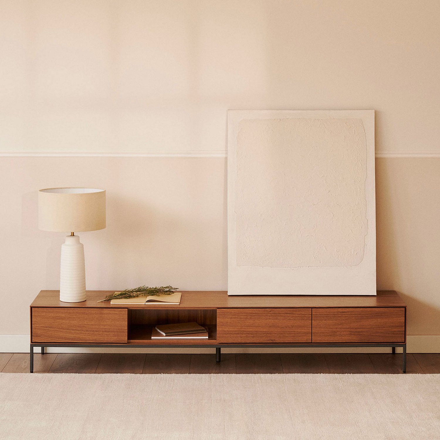 Vedrana 3 Drawer TV Stand 195x35cm Walnut Veneer with Black Steel Legs