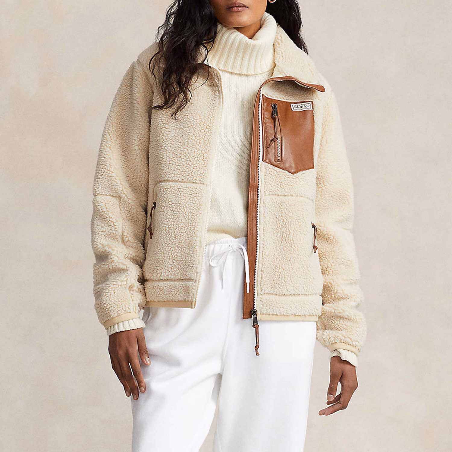 Leather-Trim Fleece Jacket