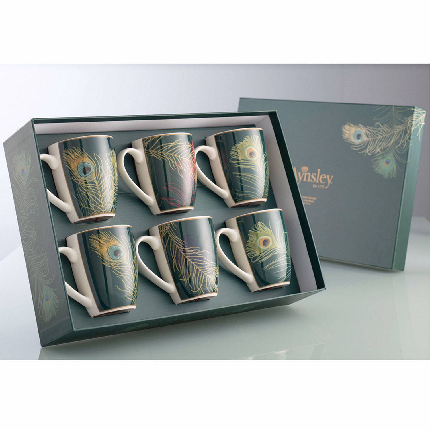 Peacock Feather Mugs Set of 6 in Hat Box