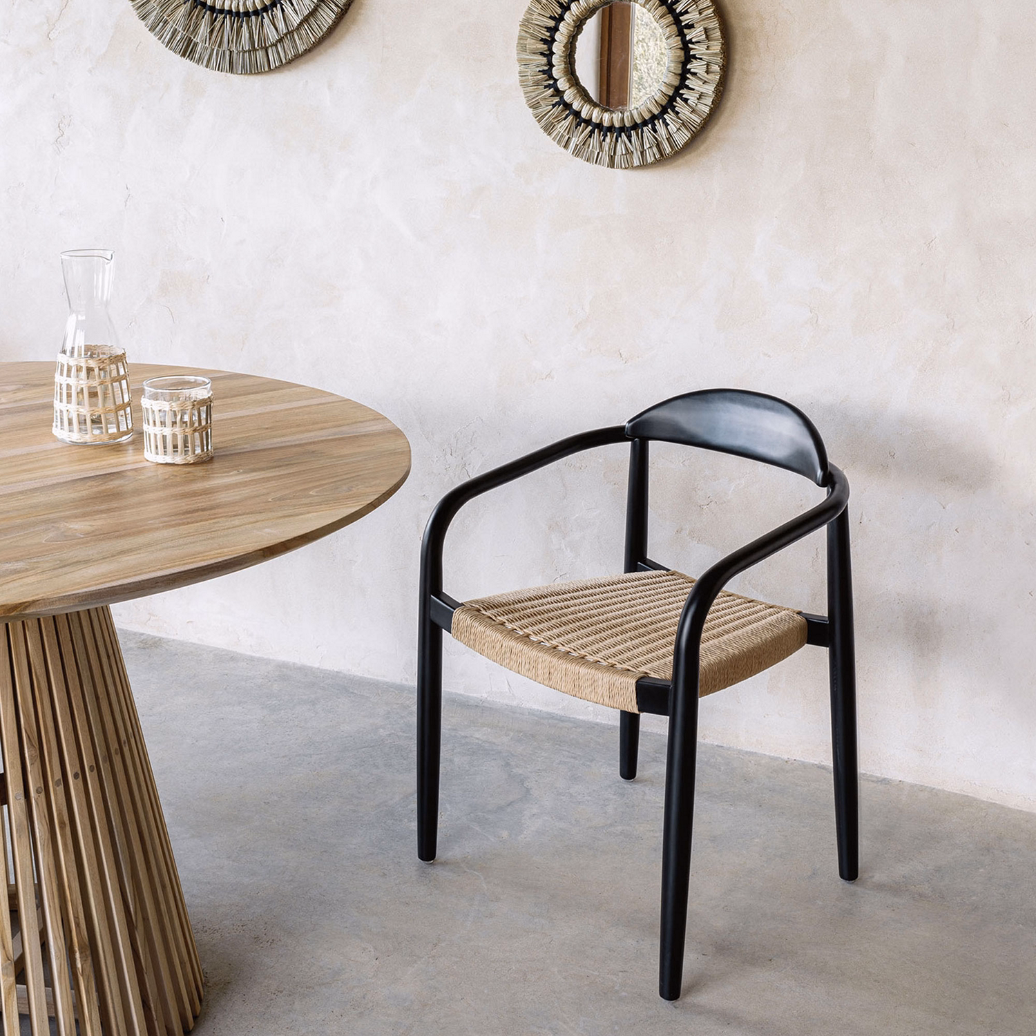 Nina Stackable Chair Solid Acacia Wood with Black Finish and Beige Paper Rope Seat