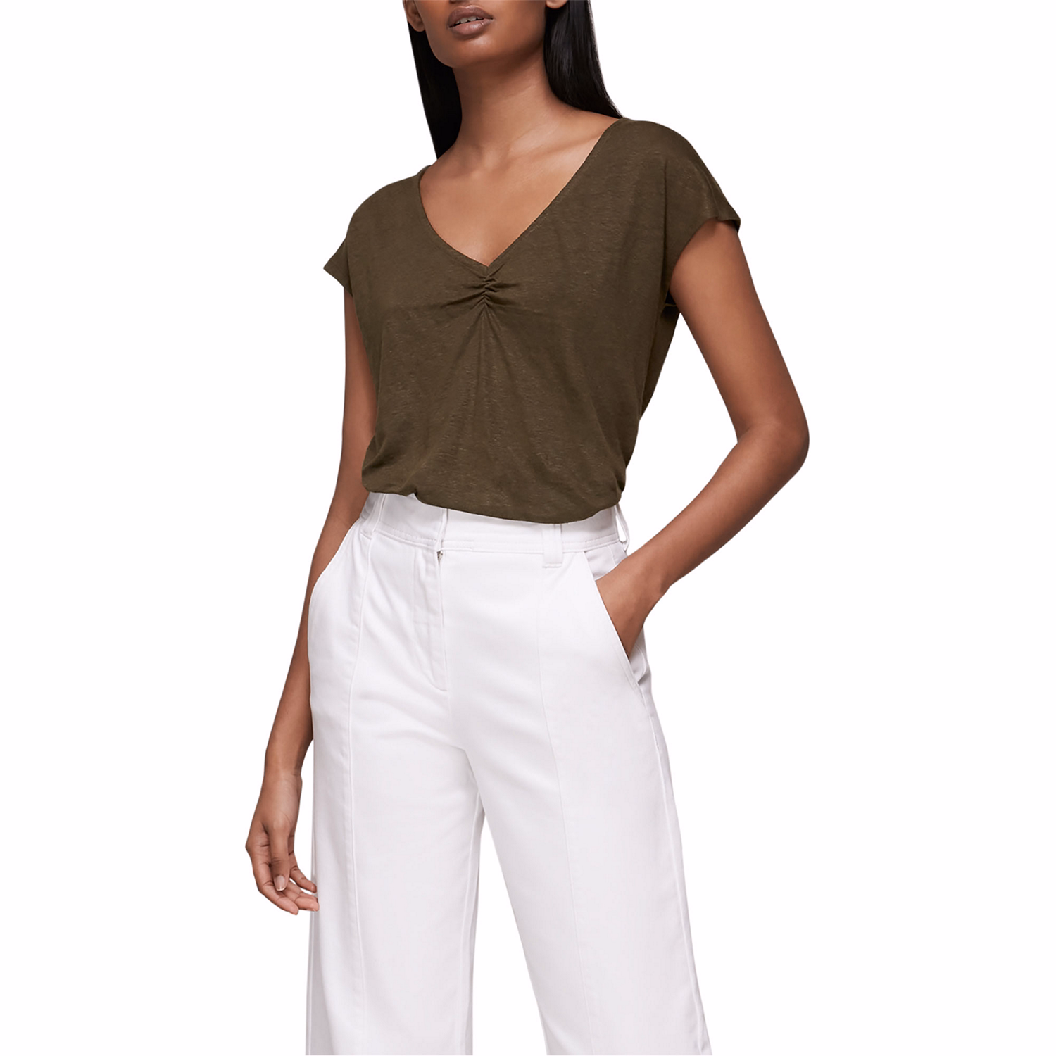Ruched V Neck Linen T-Shirt