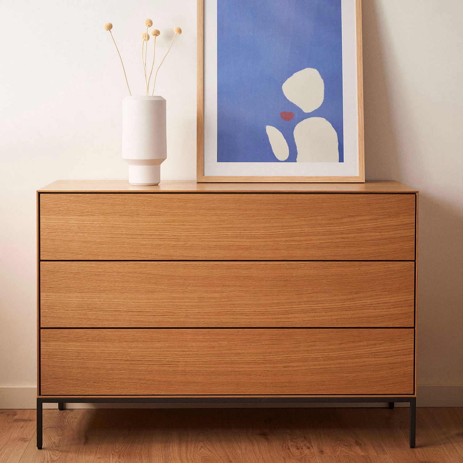 Vedrana 3 Drawer Chest Of Drawers 110 x 75cm Oak Veneer with Black Steel Legs