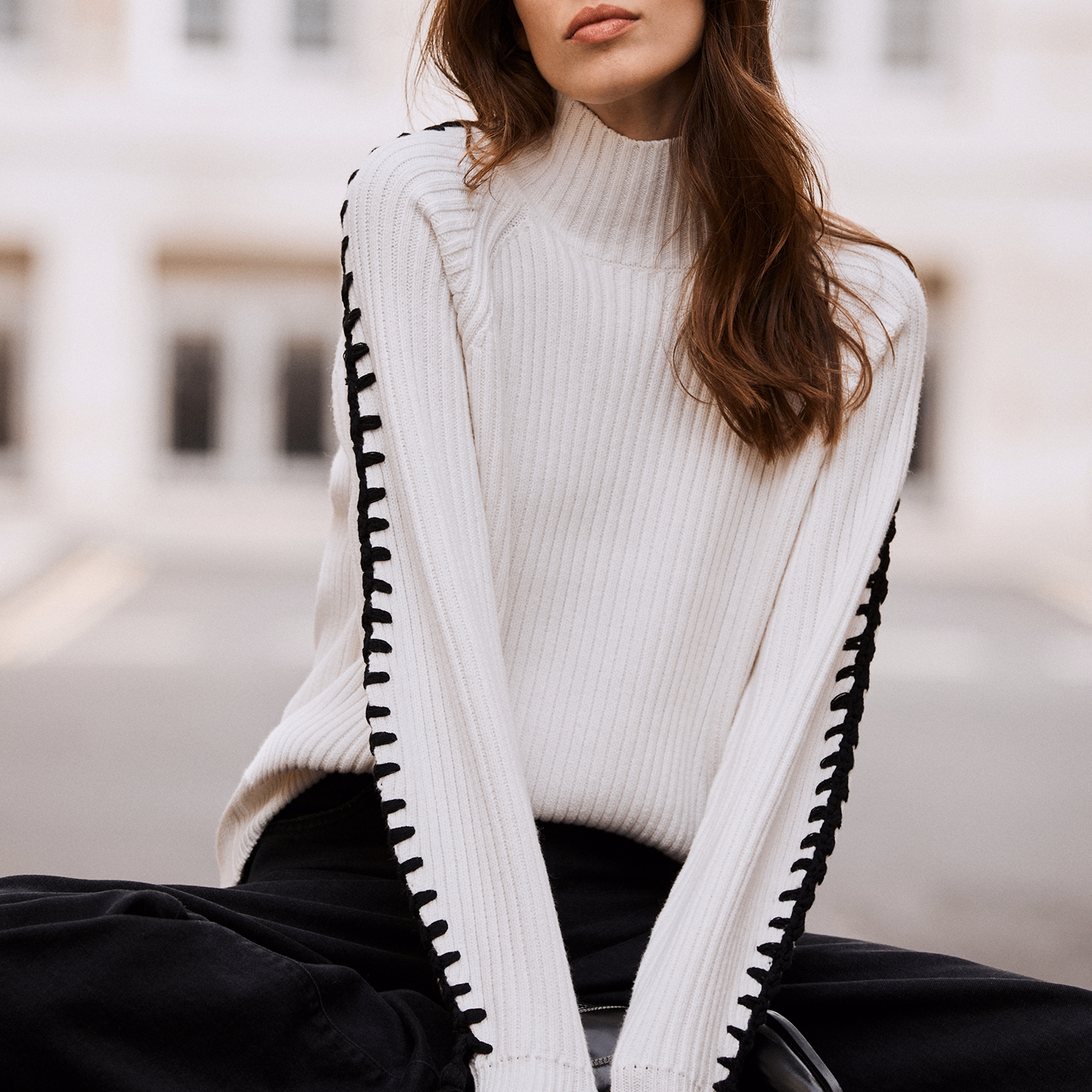 Whipstitch Sleeve Turtleneck Sweater