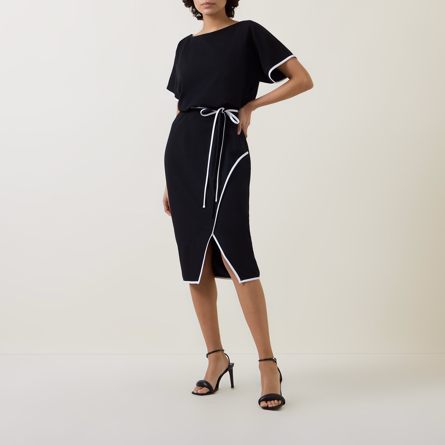 Contrast-Trim Belted Dress