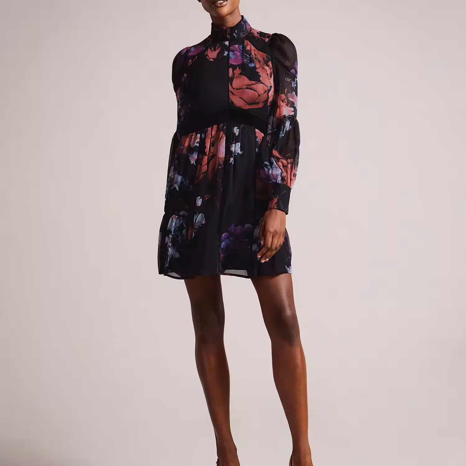 Gretaah Ladder Trim Floral Mini Dress