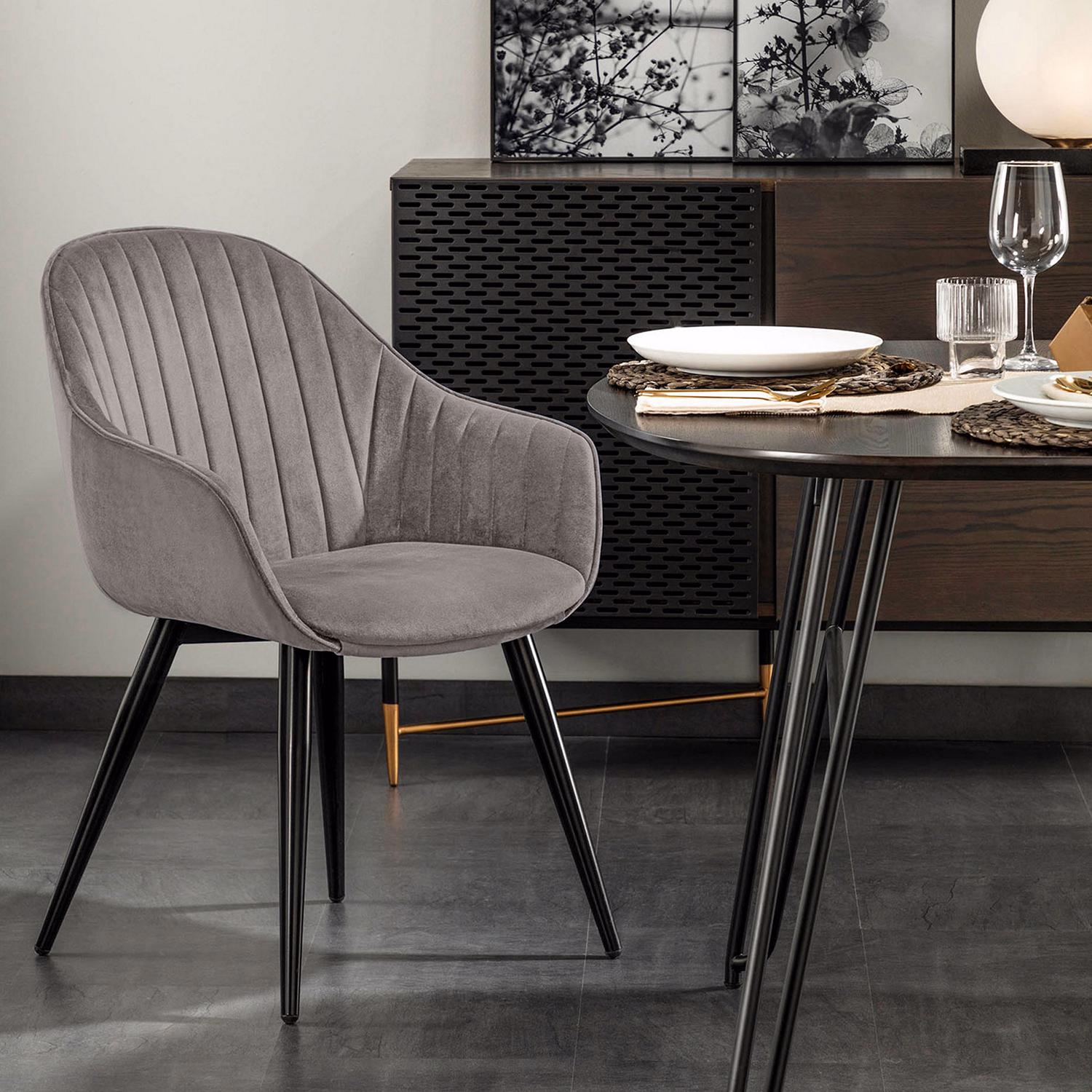 Fabia Velvet Chair Grey with Black Steel Legs