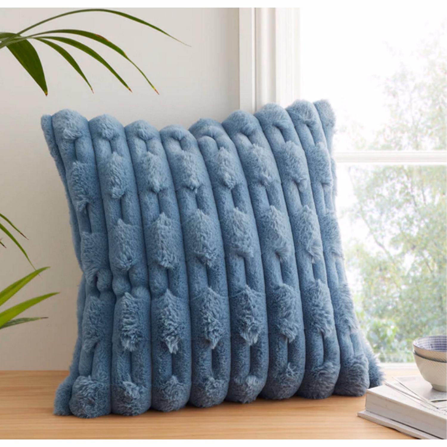 Carved Faux Fur Cushion Blue