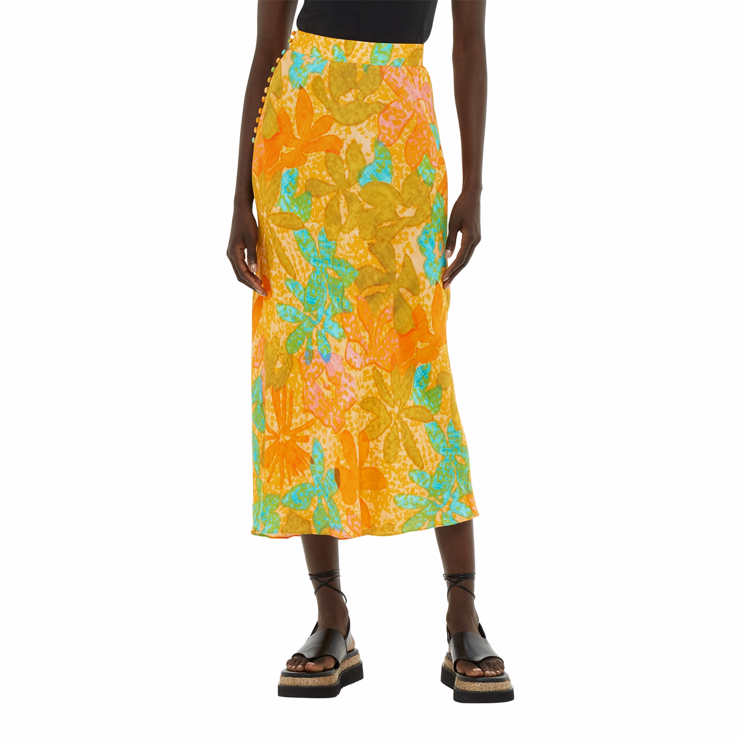 Floral Palm Print Side Button Skirt