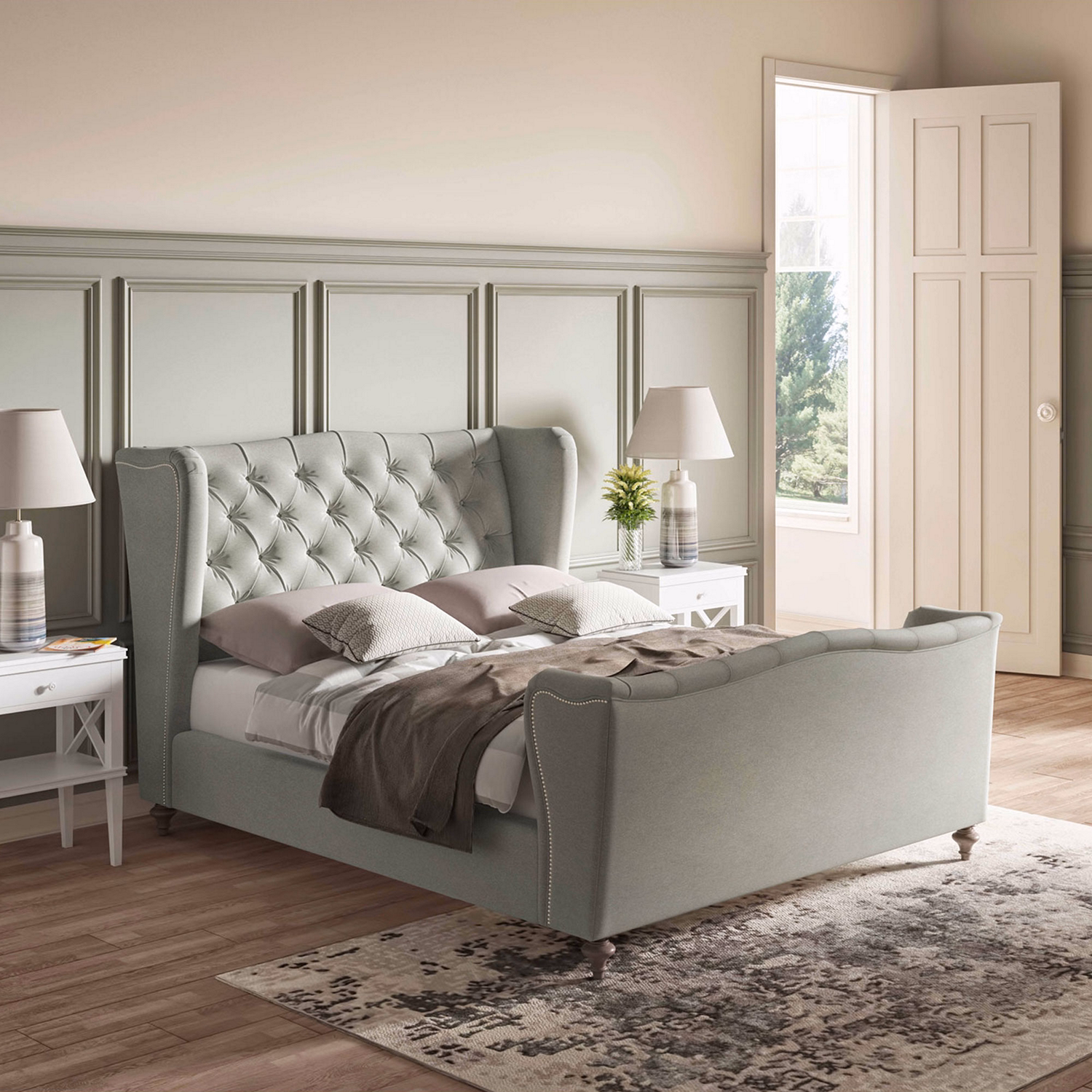 Sussex King High End Bed Weathered Oak Legs Harlem Stone