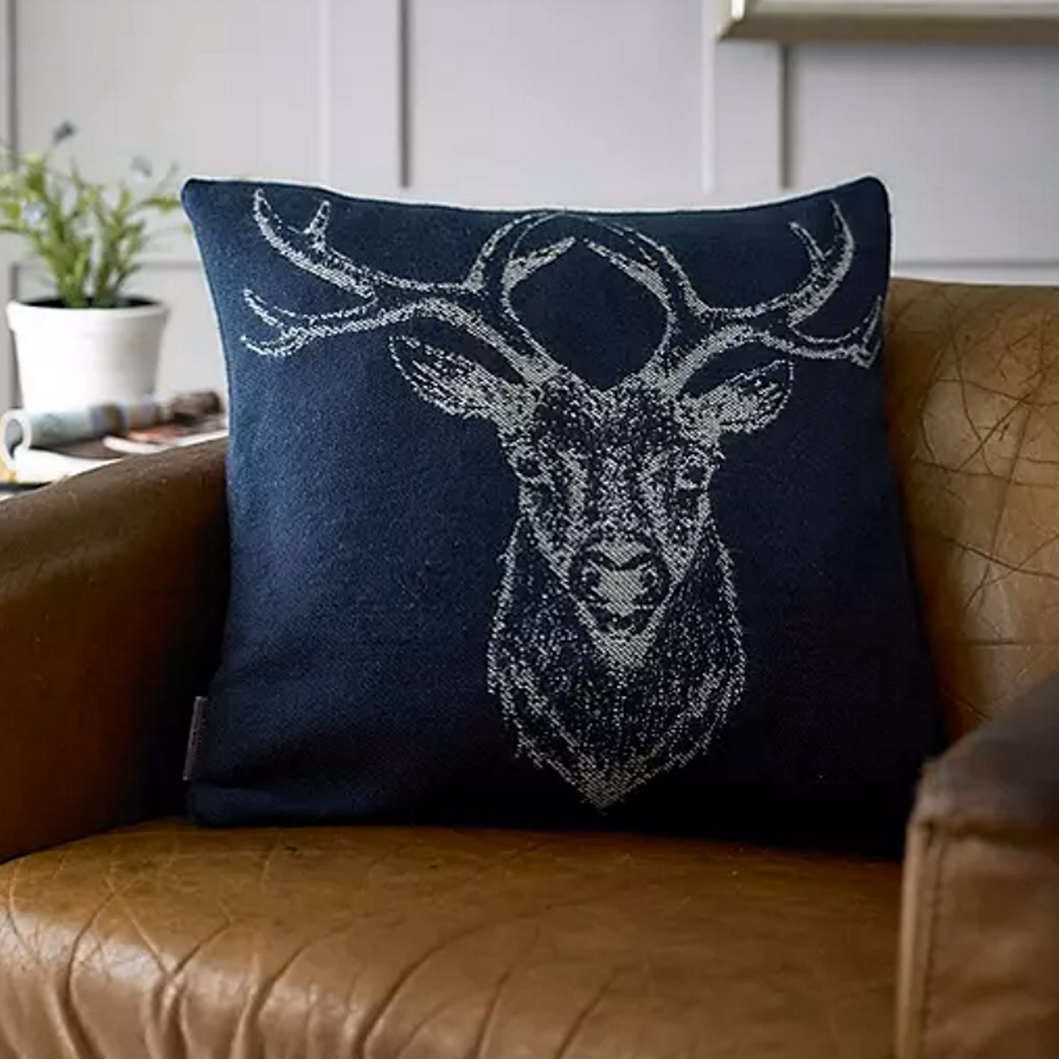 Stag Soft Knitted Cushion Navy