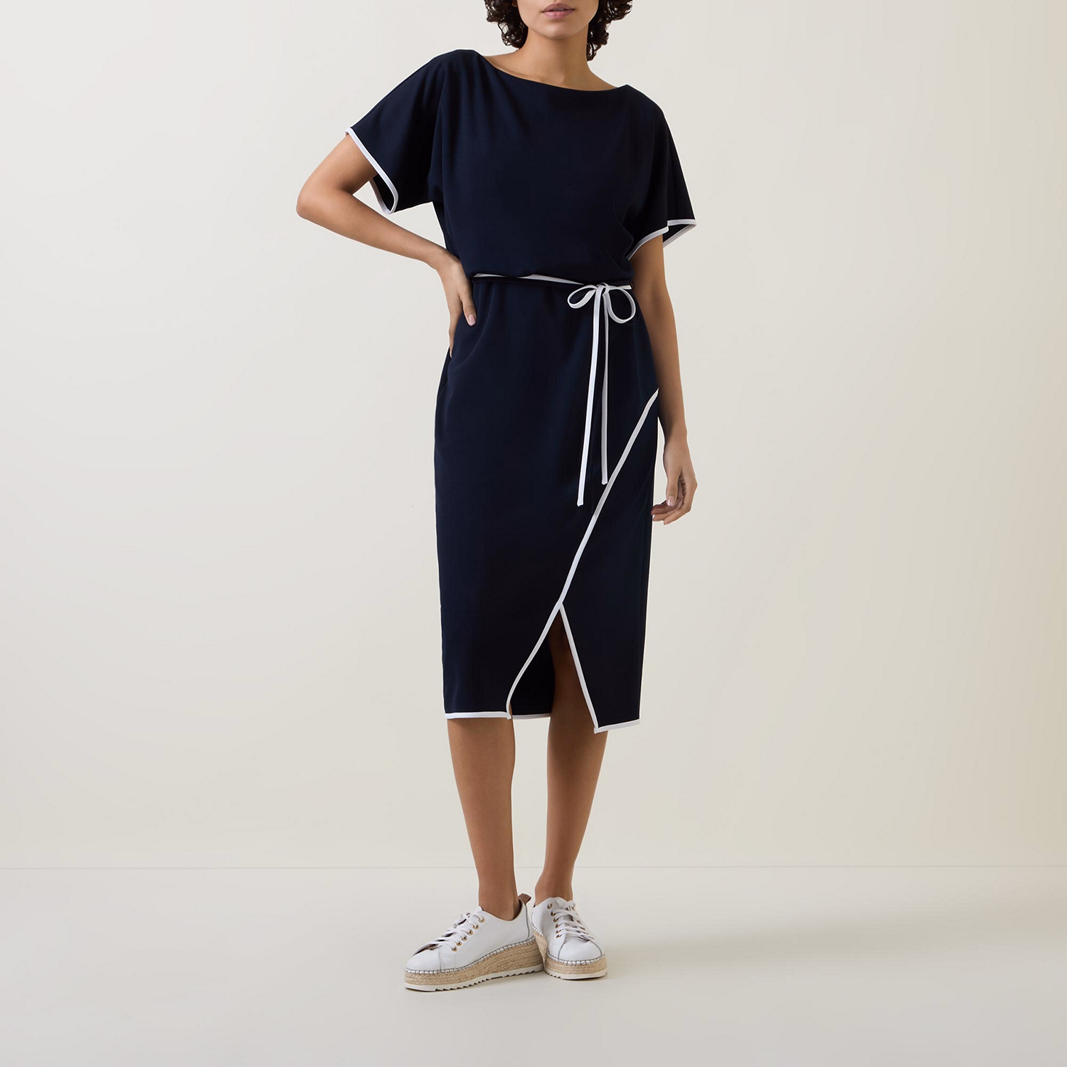 Contrast-Trim Belted Dress