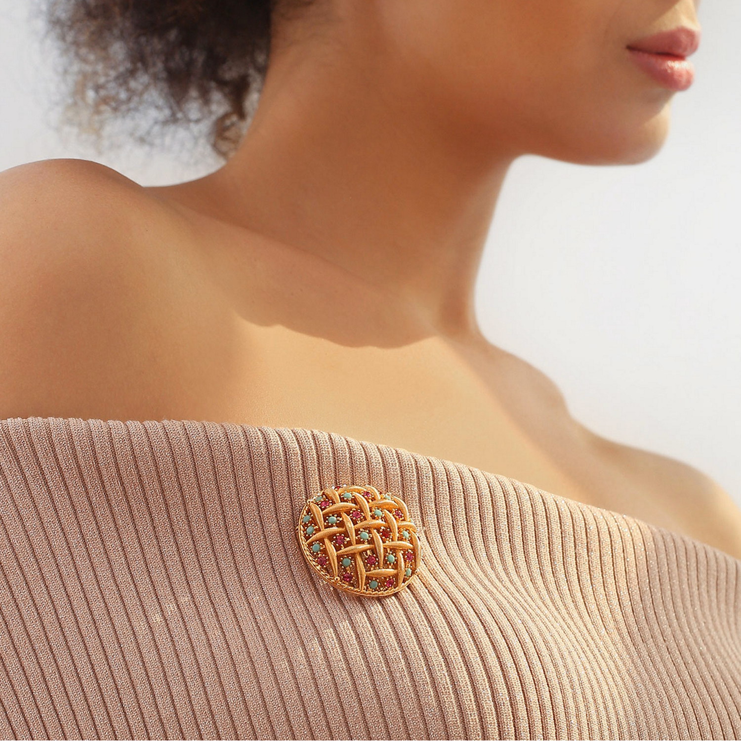 Gold Plated Round Brooch Pink & Turquoise Stones