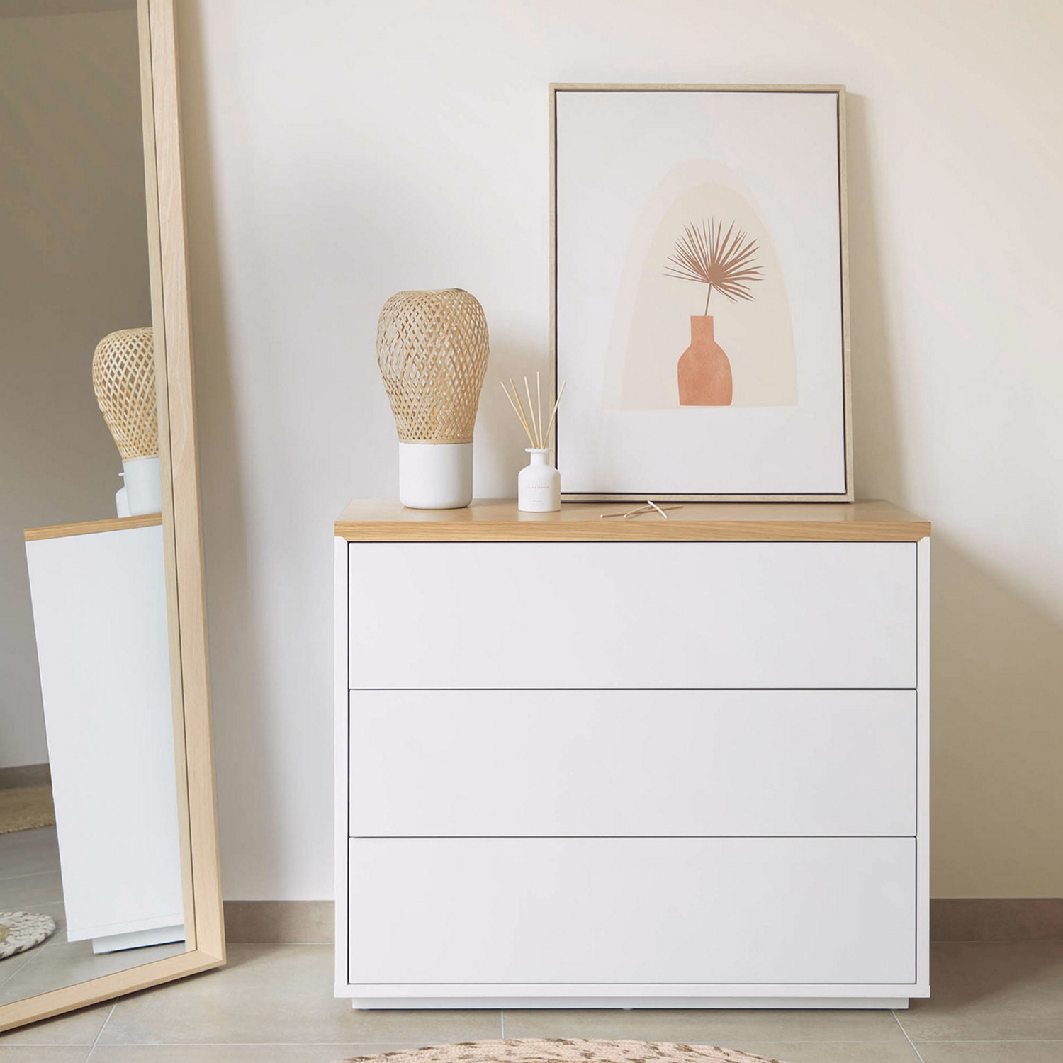 Abilen 3-Drawer Chest Of Drawers 90 x 75cm Oak Veneer and White Lacquer