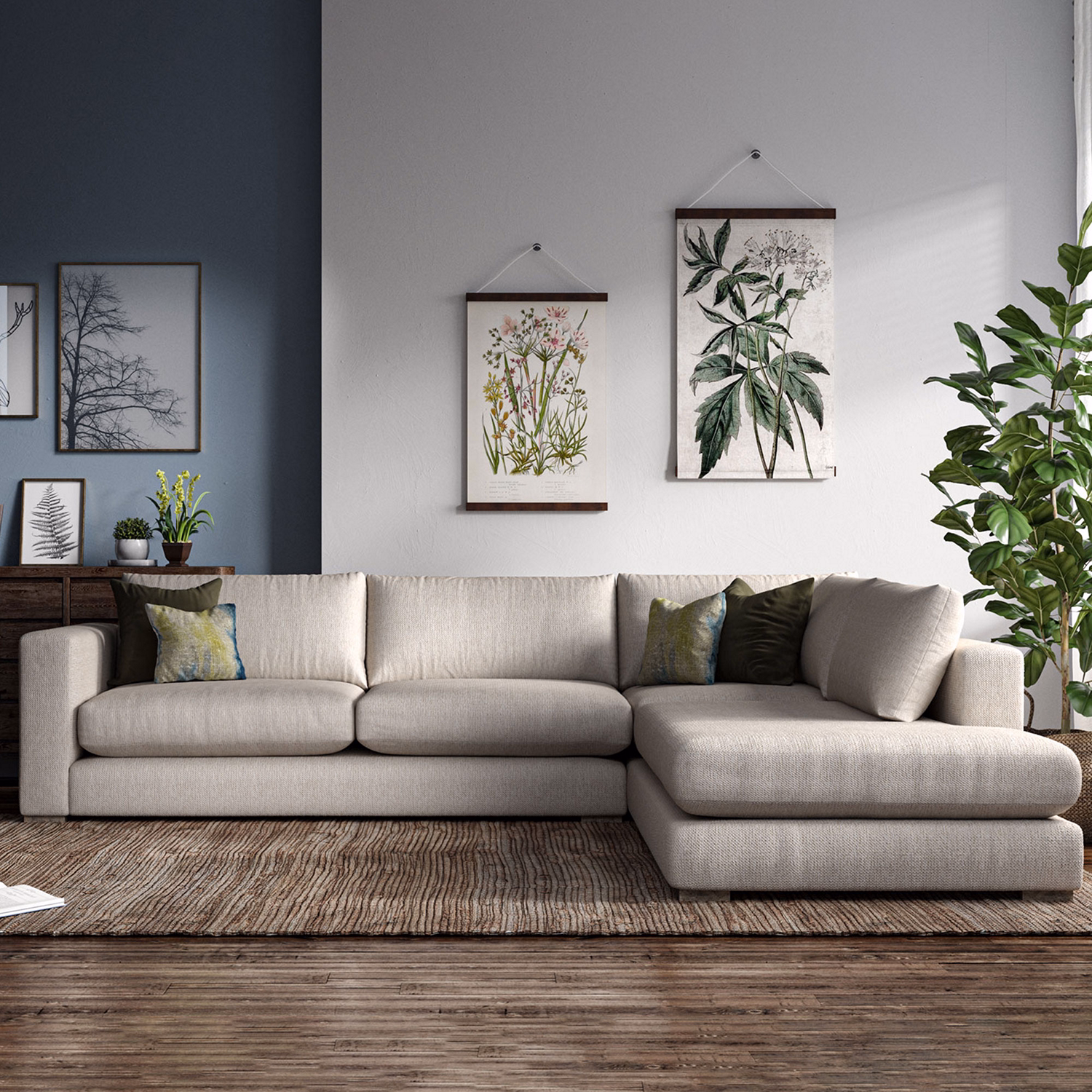 Bergen LHF Large Chaise Wethered Oak Feet Langley Ecru