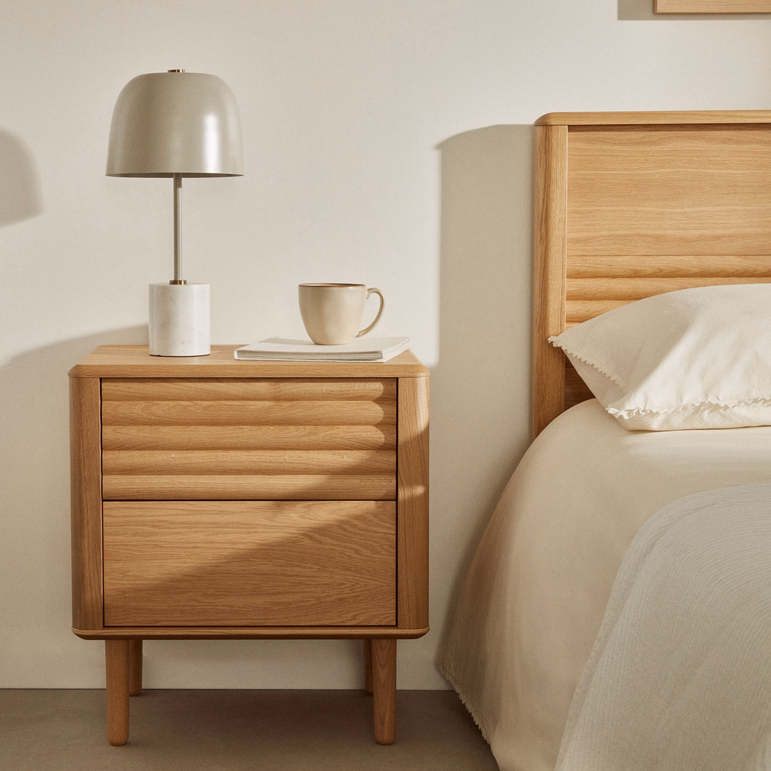 Lenon 2 Drawer Bedside Table 50x55cm Oak Wood and Veneer