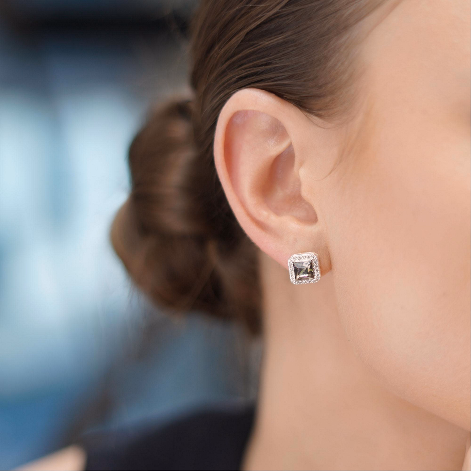 Clear & Black Stone Square Earrings