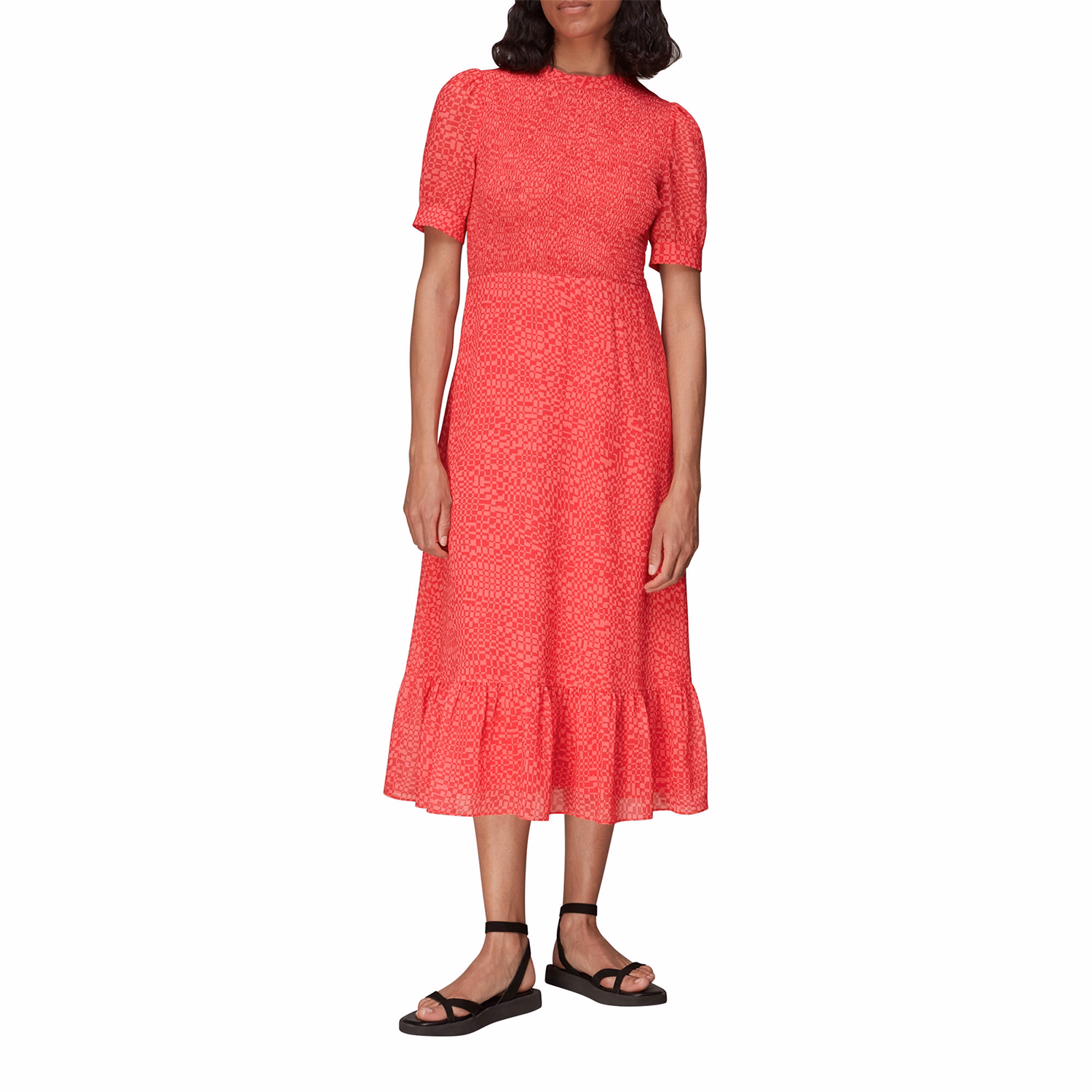 Shirred Checkerboard Midi Dress