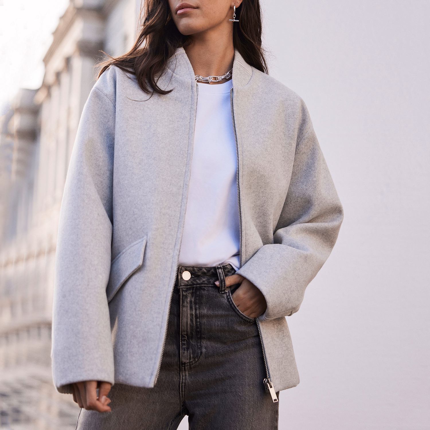 Ribbed Detail Bomber Jacket