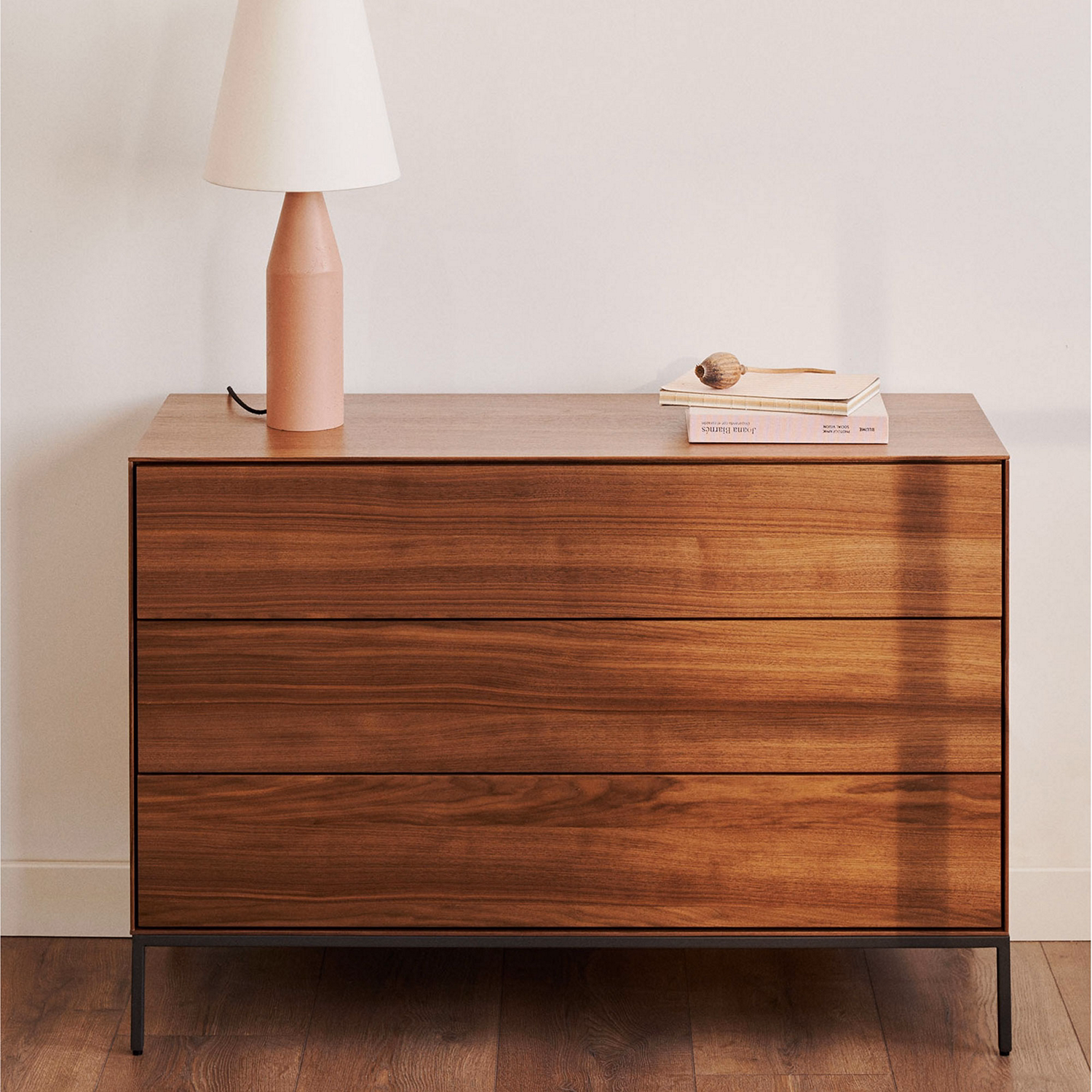 Vedrana 3 Drawer Chest Of Drawers 110 x 75cm Walnut Veneer with Black Steel Legs