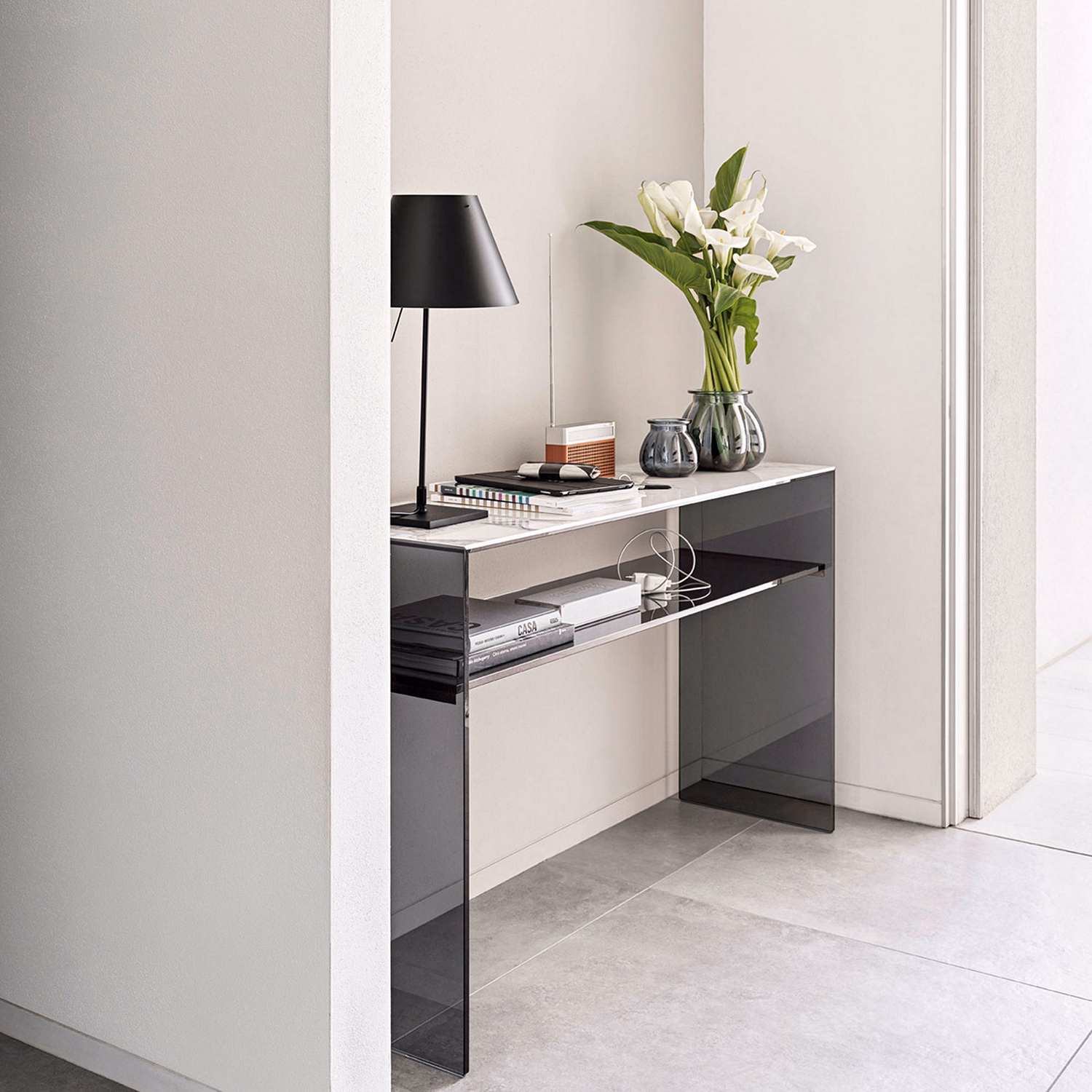 Bridge Console Table White Marble & Smoke Grey Glass