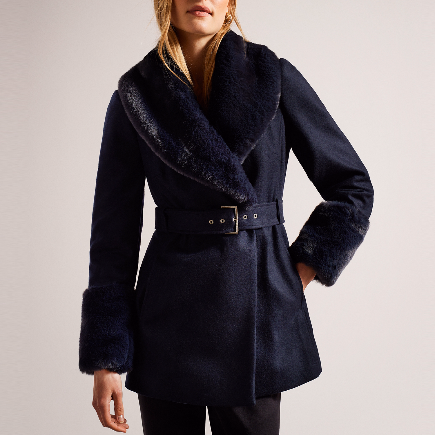 Loleta Belted Coat With Faux Fur