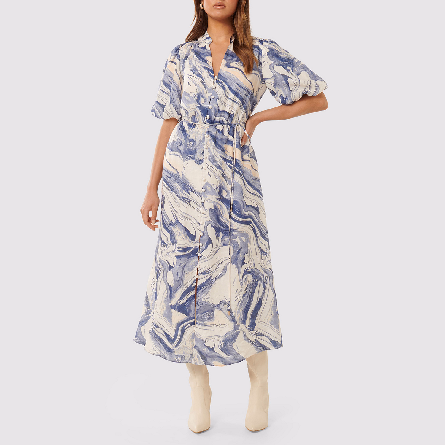 Loanne Marbled Collarless Shirt Dress