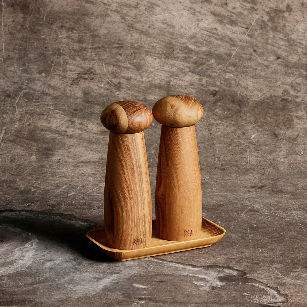 Raw Keramisk Kvarnset med bricka 3 delar Teak