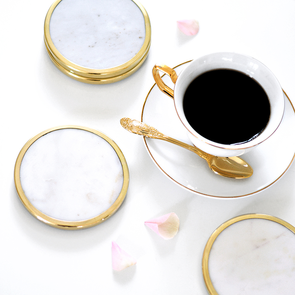 Glasunderlägg Marmor 4-pack Vit/Mässing